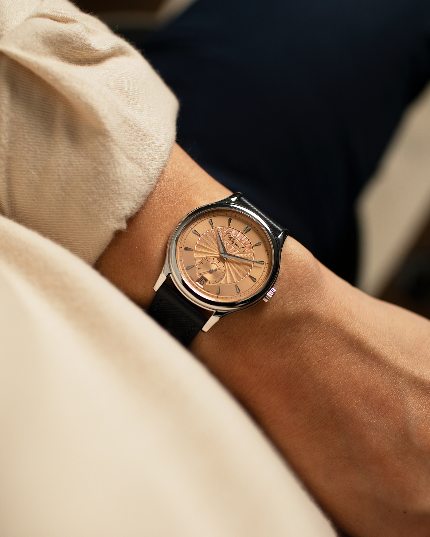 Brand: Chopard L.U.C. Year: 1990’s Model: 16/1860/2 Material: 18k White Gold Movement: In-House Caliber 1.96 Case Diameter: 37mm Strap: Navy Blue Molequin Textured Calf and Brown Chopard Alligator Strap and 18k White Gold Chopard Tang Buckle