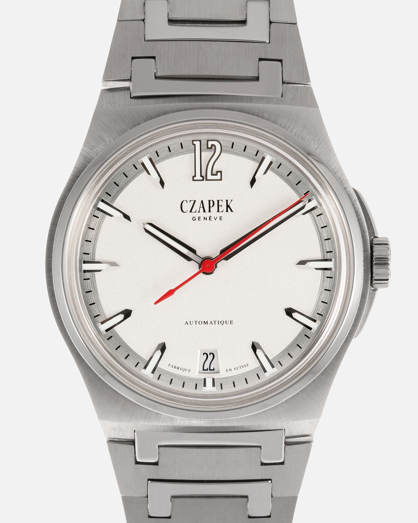 Brand: Czapek  Year: 2021 Model: Antarctique “Monochrome White”, Limited Edition of 33 pieces Material: Stainless Steel Movement: Cal. SXH5, Self-Winding, Platinum Micro-Rotor Case Diameter: 40.5mm Strap: Czapek Integrated Stainless Steel Bracelet with Signed Deployant Clasp and Micro-adjust Mechanism, additional Blue Czapek Rubber Strap with Signed Stainless Steel Deployant Clasp