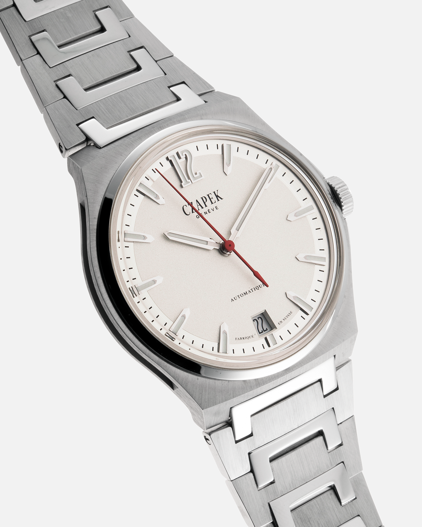 Brand: Czapek  Year: 2021 Model: Antarctique “Monochrome White”, Limited Edition of 33 pieces Material: Stainless Steel Movement: Cal. SXH5, Self-Winding, Platinum Micro-Rotor Case Diameter: 40.5mm Strap: Czapek Integrated Stainless Steel Bracelet with Signed Deployant Clasp and Micro-adjust Mechanism, additional Blue Czapek Rubber Strap with Signed Stainless Steel Deployant Clasp