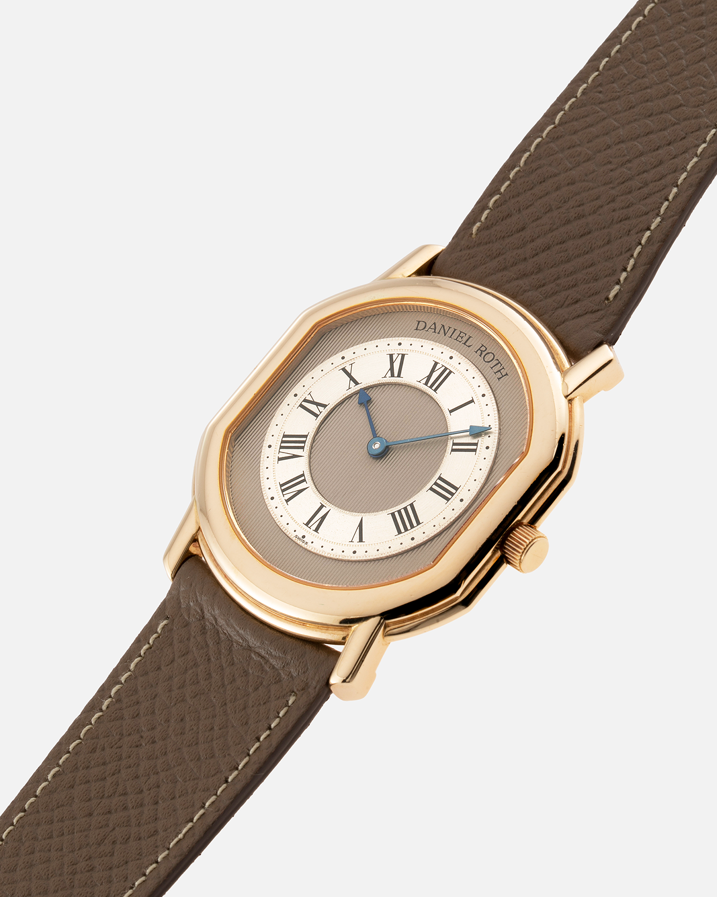Brand: Daniel Roth Year: 1990’s Model: 2107 Material: 18k Yellow Gold Movement: Frederic Piguet Cal. 71 Case Diameter: 35mm X 38mm Strap: Nostime Taupe Grained Calf with 18k Yellow Gold Tang Buckle