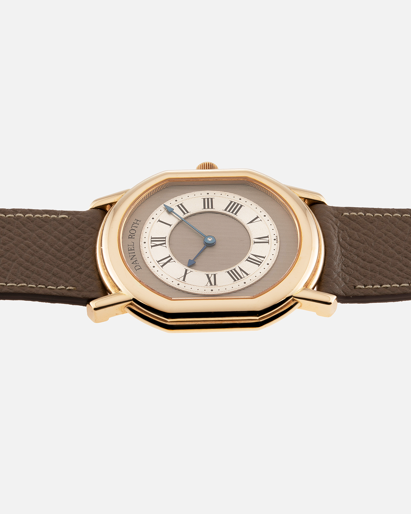 Brand: Daniel Roth Year: 1990’s Model: 2107 Material: 18k Yellow Gold Movement: Frederic Piguet Cal. 71 Case Diameter: 35mm X 38mm Strap: Nostime Taupe Grained Calf with 18k Yellow Gold Tang Buckle