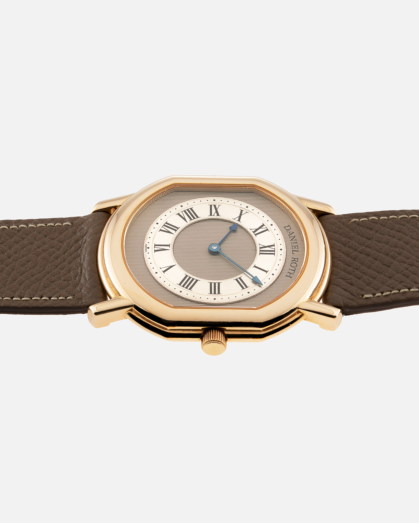 Brand: Daniel Roth Year: 1990’s Model: 2107 Material: 18k Yellow Gold Movement: Frederic Piguet Cal. 71 Case Diameter: 35mm X 38mm Strap: Nostime Taupe Grained Calf with 18k Yellow Gold Tang Buckle