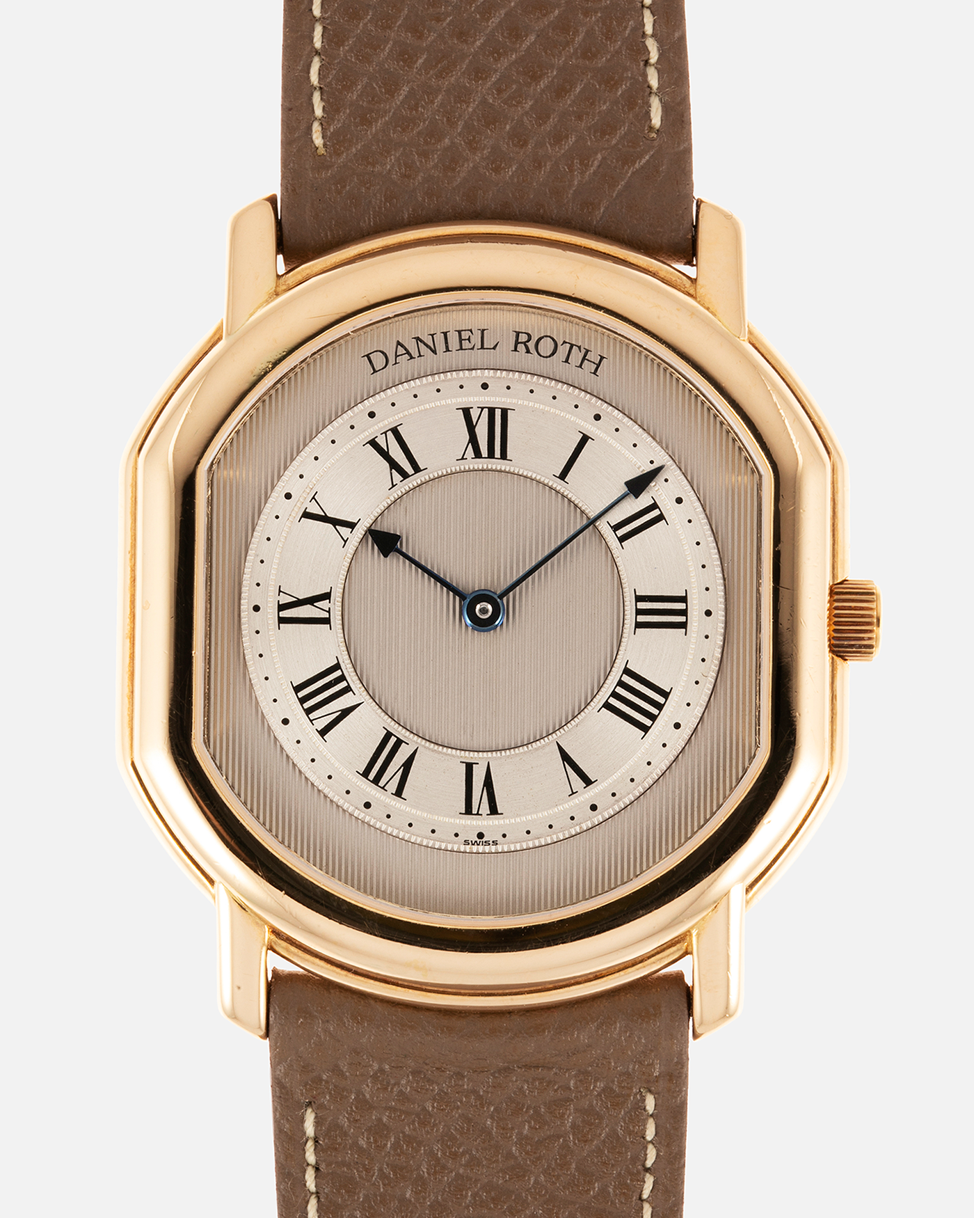 Brand: Daniel Roth Year: 1990’s Model: 2107 Material: 18k Yellow Gold Movement: Frederic Piguet Cal. 71 Case Diameter: 35mm X 38mm Strap: Nostime Taupe Grained Calf with 18k Yellow Gold Tang Buckle