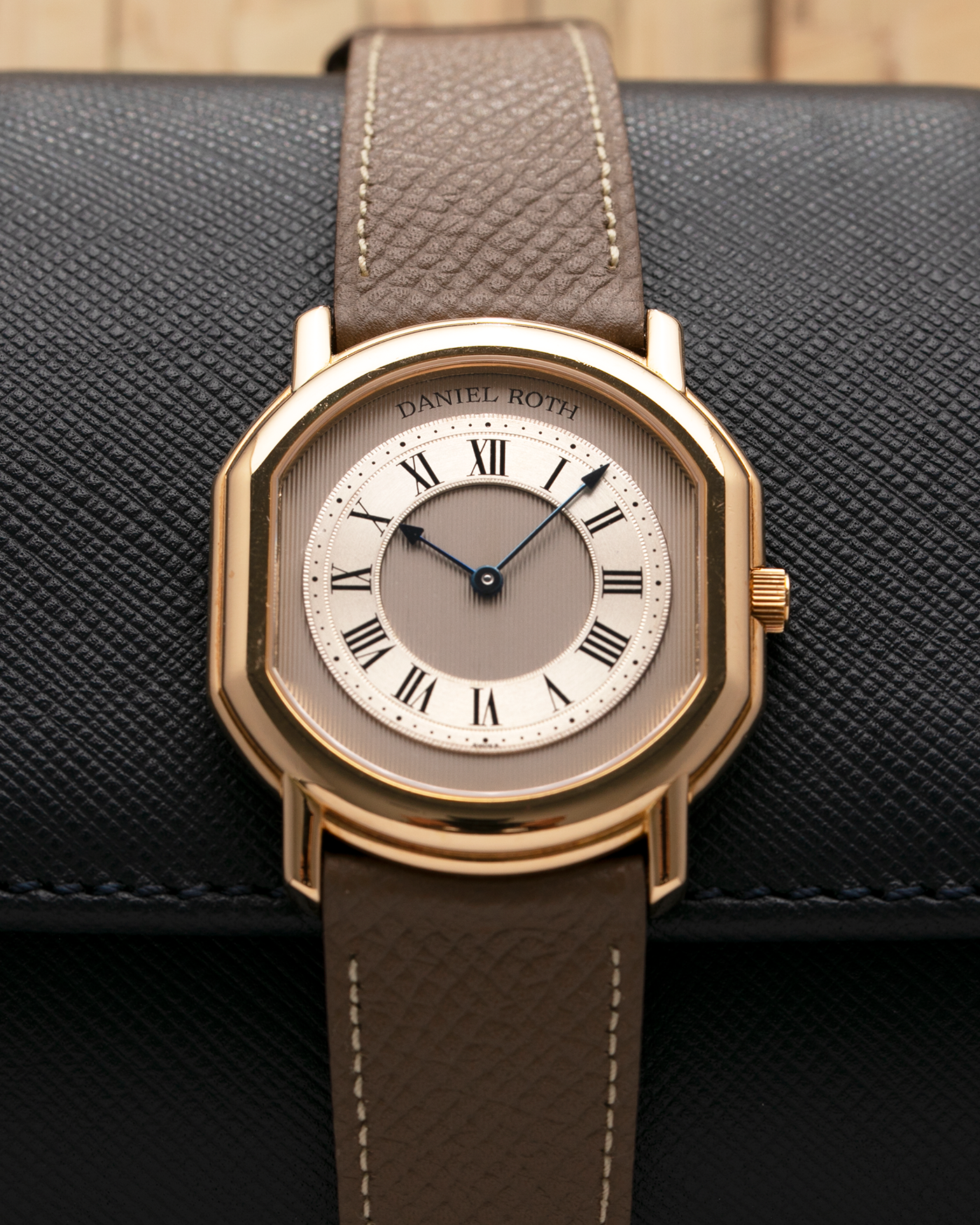 Brand: Daniel Roth Year: 1990’s Model: 2107 Material: 18k Yellow Gold Movement: Frederic Piguet Cal. 71 Case Diameter: 35mm X 38mm Strap: Nostime Taupe Grained Calf with 18k Yellow Gold Tang Buckle