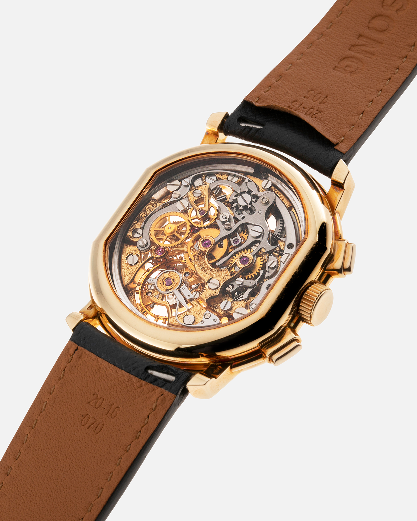 Brand: Daniel Roth Year: 1990’s Model: 2147 Skeleton Material: 18k Yellow Gold Movement: Lemania 2320 Case Diameter: 35mm X 38mm Strap: Molequin Navy Blue Textured Calf Strap and 18k Yellow Gold Daniel Roth Tang Buckle