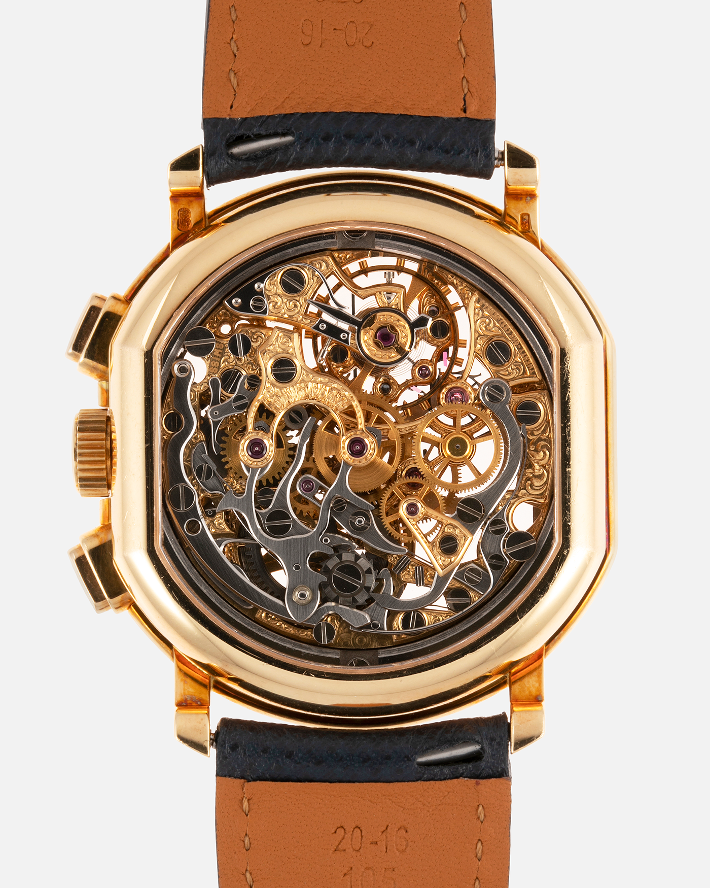 Brand: Daniel Roth Year: 1990’s Model: 2147 Skeleton Material: 18k Yellow Gold Movement: Lemania 2320 Case Diameter: 35mm X 38mm Strap: Molequin Navy Blue Textured Calf Strap and 18k Yellow Gold Daniel Roth Tang Buckle