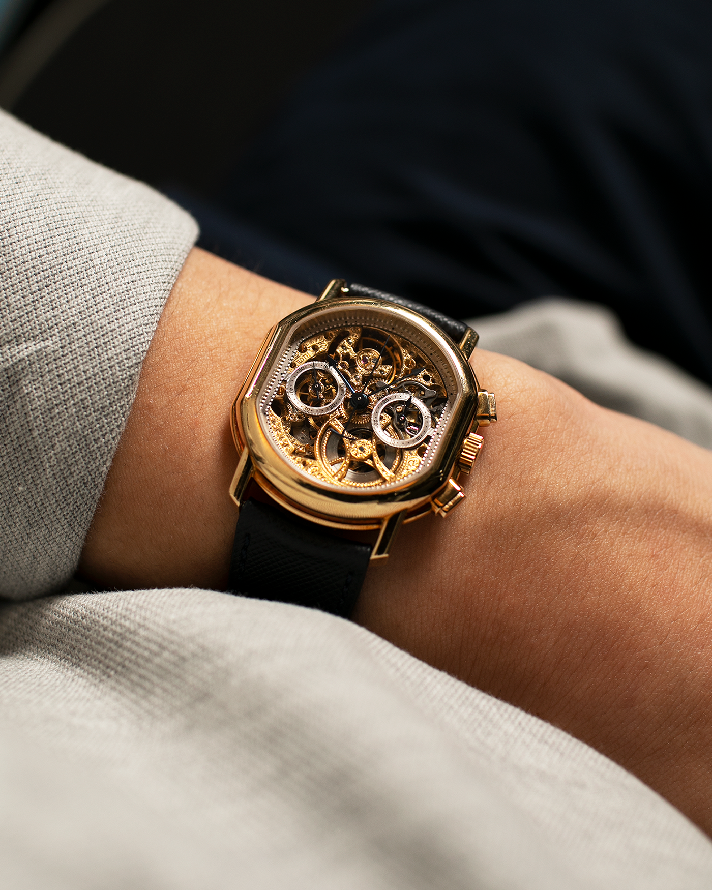 Brand: Daniel Roth Year: 1990’s Model: 2147 Skeleton Material: 18k Yellow Gold Movement: Lemania 2320 Case Diameter: 35mm X 38mm Strap: Molequin Navy Blue Textured Calf Strap and 18k Yellow Gold Daniel Roth Tang Buckle