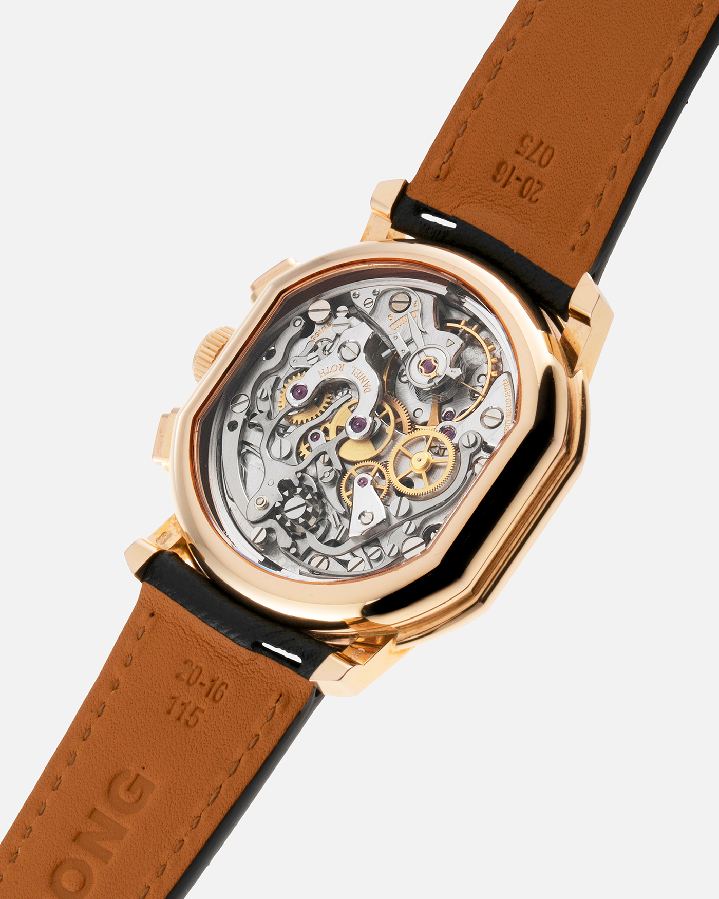 Brand: Daniel Roth Year: 1990’s Model: 2147 Material: 18k Rose Gold Movement: Lemania 2320 Case Diameter: 35mm X 38mm Strap: Molequin Black Textured Calf Leather and Gold Plated Tang Buckle