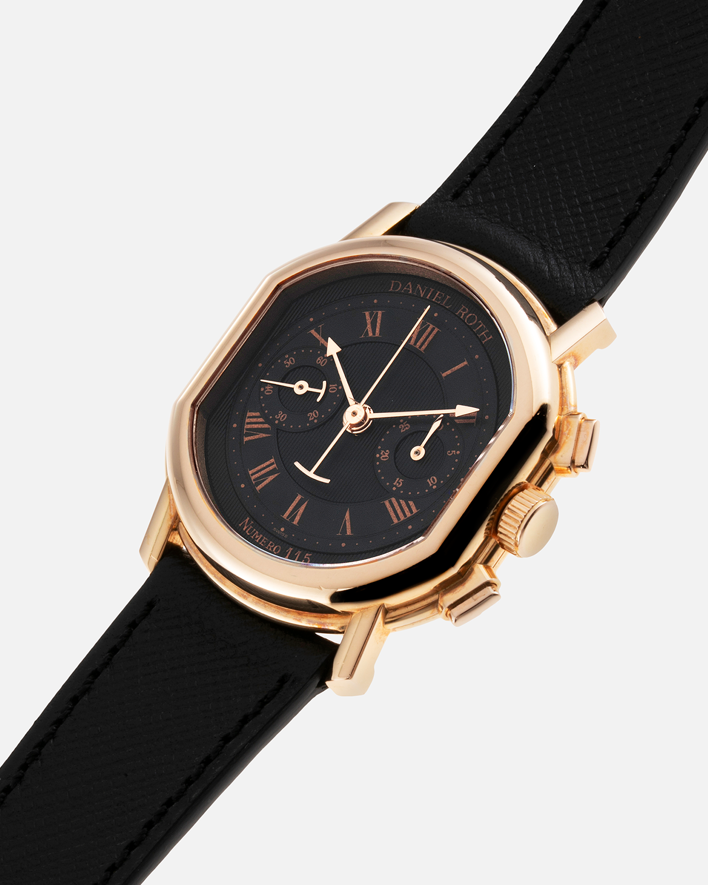 Brand: Daniel Roth Year: 1990’s Model: 2147 Material: 18k Rose Gold Movement: Lemania 2320 Case Diameter: 35mm X 38mm Strap: Molequin Black Textured Calf Leather and Gold Plated Tang Buckle