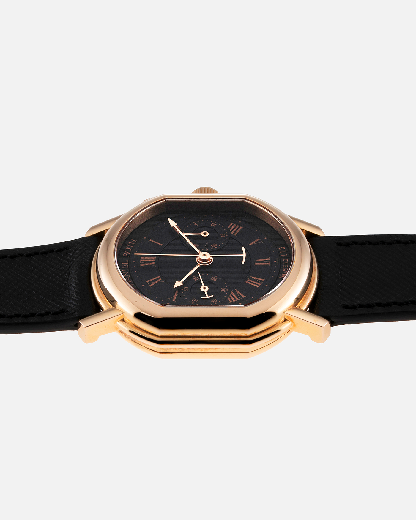 Brand: Daniel Roth Year: 1990’s Model: 2147 Material: 18k Rose Gold Movement: Lemania 2320 Case Diameter: 35mm X 38mm Strap: Molequin Black Textured Calf Leather and Gold Plated Tang Buckle
