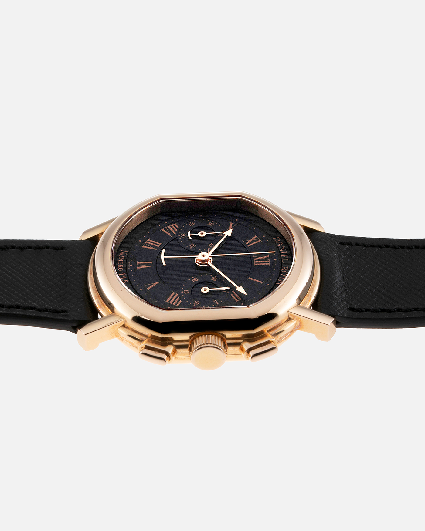 Brand: Daniel Roth Year: 1990’s Model: 2147 Material: 18k Rose Gold Movement: Lemania 2320 Case Diameter: 35mm X 38mm Strap: Molequin Black Textured Calf Leather and Gold Plated Tang Buckle