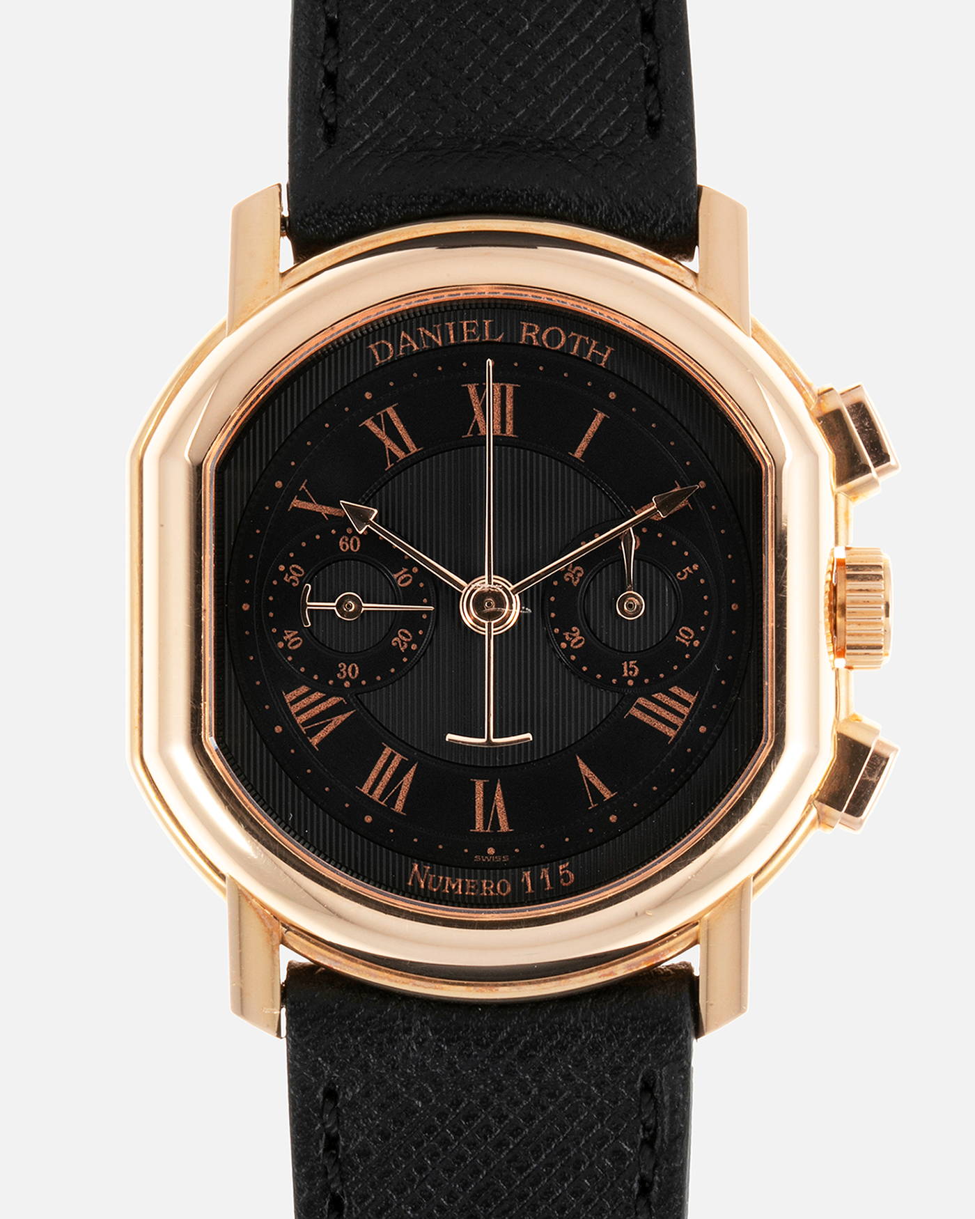 Brand: Daniel Roth Year: 1990’s Model: 2147 Material: 18k Rose Gold Movement: Lemania 2320 Case Diameter: 35mm X 38mm Strap: Molequin Black Textured Calf Leather and Gold Plated Tang Buckle
