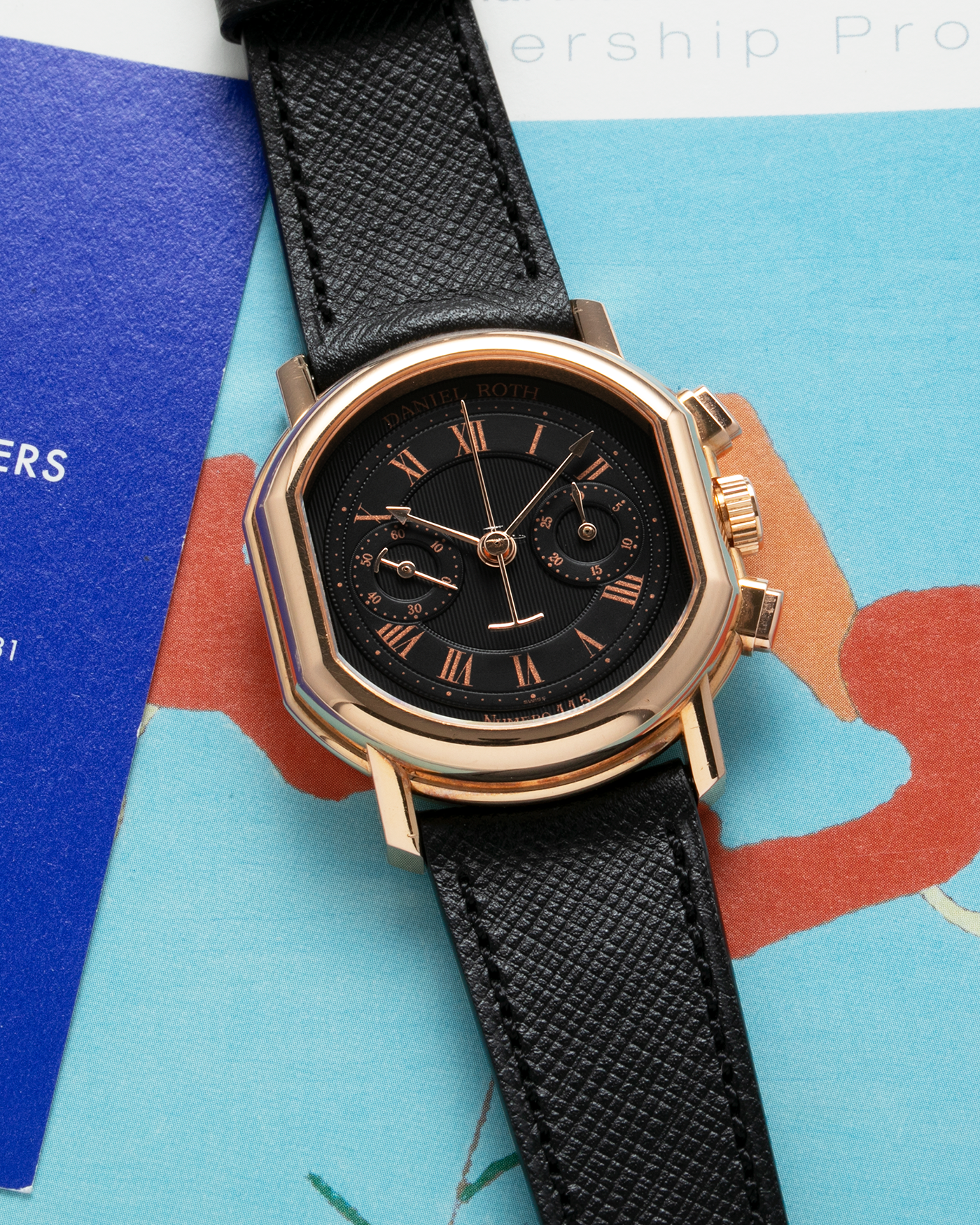 Brand: Daniel Roth Year: 1990’s Model: 2147 Material: 18k Rose Gold Movement: Lemania 2320 Case Diameter: 35mm X 38mm Strap: Molequin Black Textured Calf Leather and Gold Plated Tang BuckleBrand: Daniel Roth Year: 1990’s Model: 2147 Material: 18k Rose Gold Movement: Lemania 2320 Case Diameter: 35mm X 38mm Strap: Molequin Black Textured Calf Leather and Gold Plated Tang Buckle