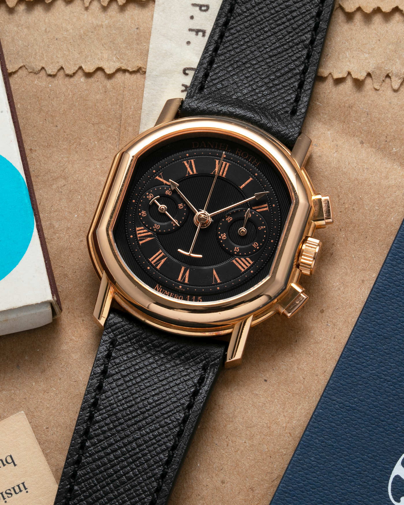 Brand: Daniel Roth Year: 1990’s Model: 2147 Material: 18k Rose Gold Movement: Lemania 2320 Case Diameter: 35mm X 38mm Strap: Molequin Black Textured Calf Leather and Gold Plated Tang Buckle