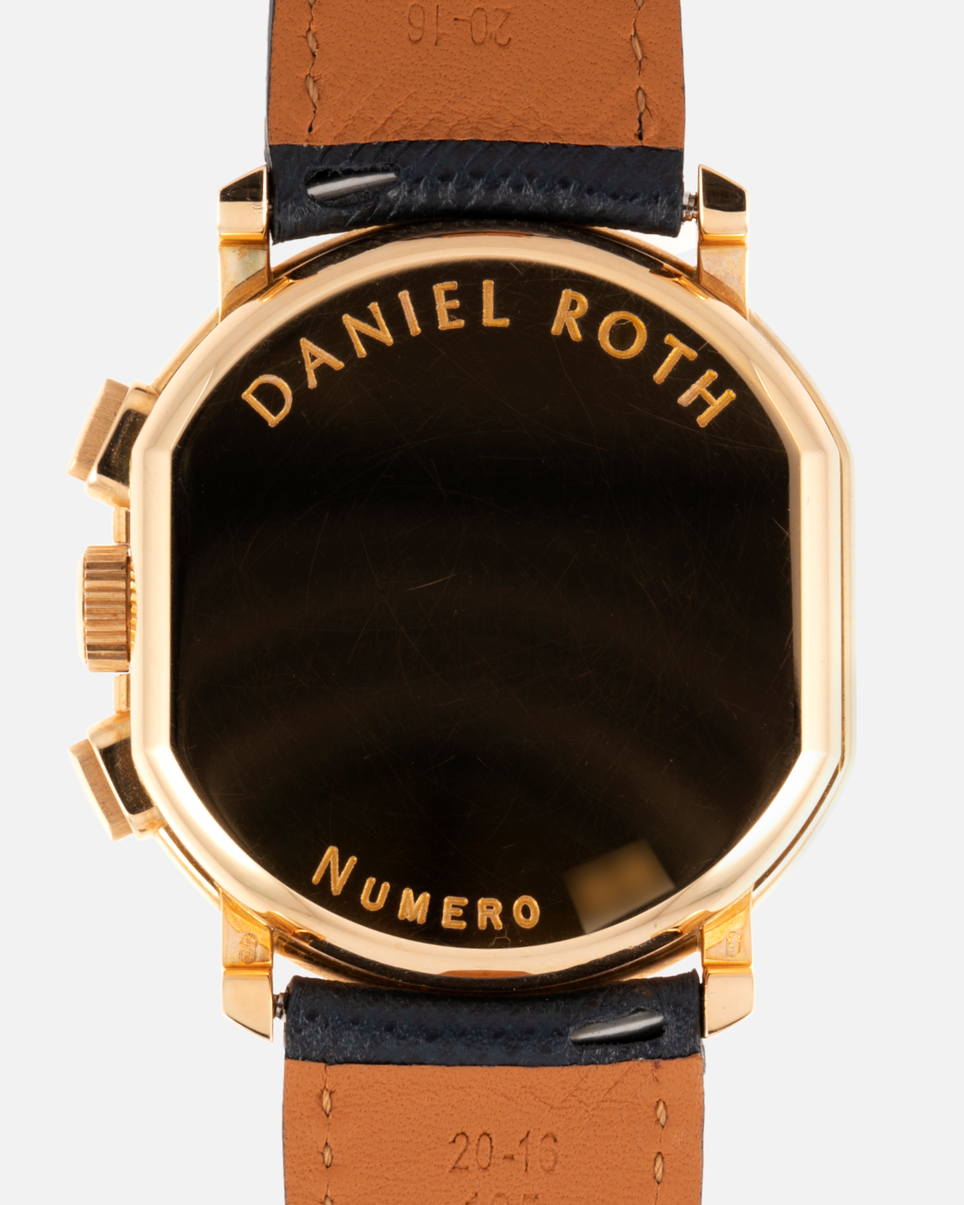 Brand: Daniel Roth Year: 1990’s Model: C147 Material: 18k Yellow Gold Movement: Lemania 2320 Case Diameter: 35mm X 38mm Strap: Molequin Navy Blue Textured Calf Strap and 18k Yellow Gold Daniel Roth Tang Buckle