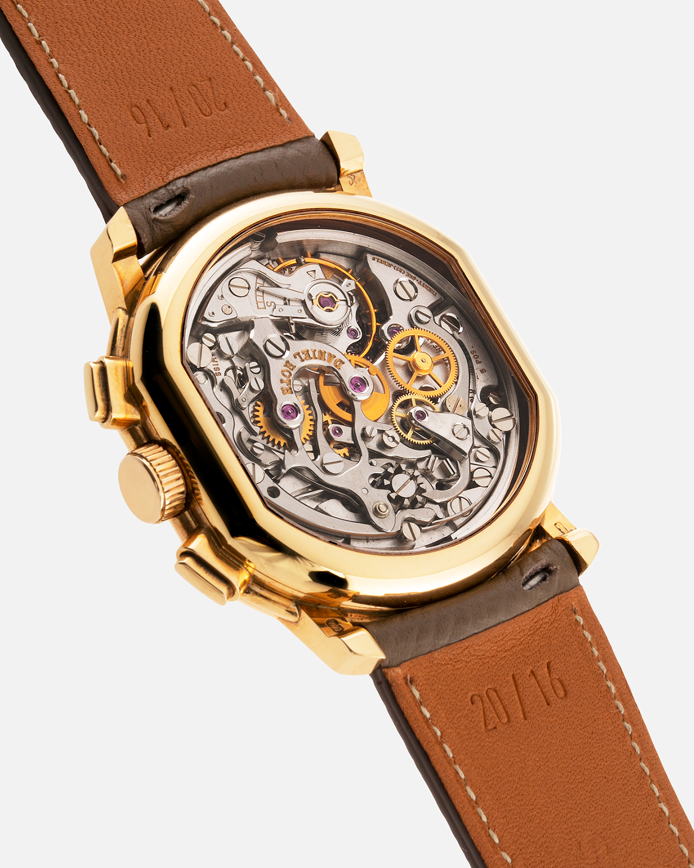 Brand: Daniel Roth Year: 1990’s Model: 2147 Material: 18k Yellow Gold Movement: Lemania 2320 Case Diameter: 35mm X 38mm Strap: Nostime Taupe Texture Calf and 18k Yellow Gold Daniel Roth Tang Buckle