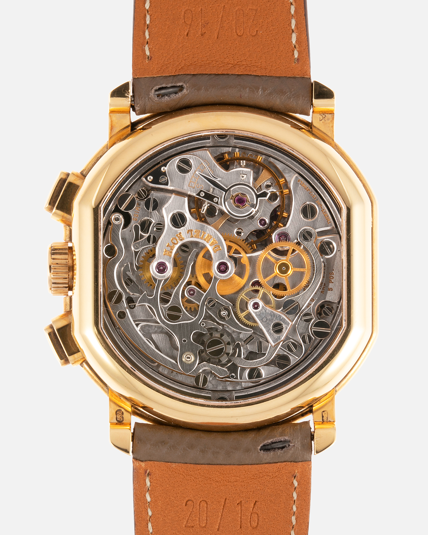 Brand: Daniel Roth Year: 1990’s Model: 2147 Material: 18k Yellow Gold Movement: Lemania 2320 Case Diameter: 35mm X 38mm Strap: Nostime Taupe Texture Calf and 18k Yellow Gold Daniel Roth Tang Buckle