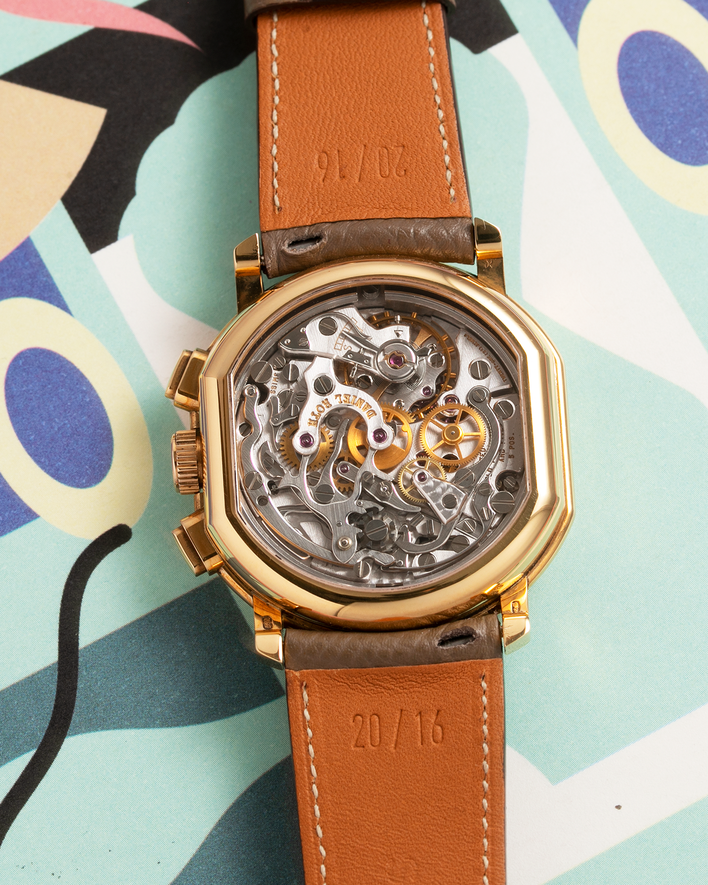 Brand: Daniel Roth Year: 1990’s Model: 2147 Material: 18k Yellow Gold Movement: Lemania 2320 Case Diameter: 35mm X 38mm Strap: Nostime Taupe Texture Calf and 18k Yellow Gold Daniel Roth Tang Buckle