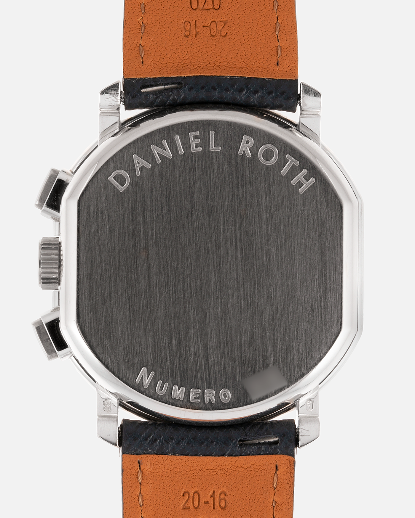 Brand: Daniel Roth Year: 1990’s Model: 2147 Material: 18k White Gold Movement: Lemania 2320 Case Diameter: 35mm X 38mm Strap: Molequin Navy Blue Textured Calf Strap and 18k White Gold Daniel Roth Tang Buckle