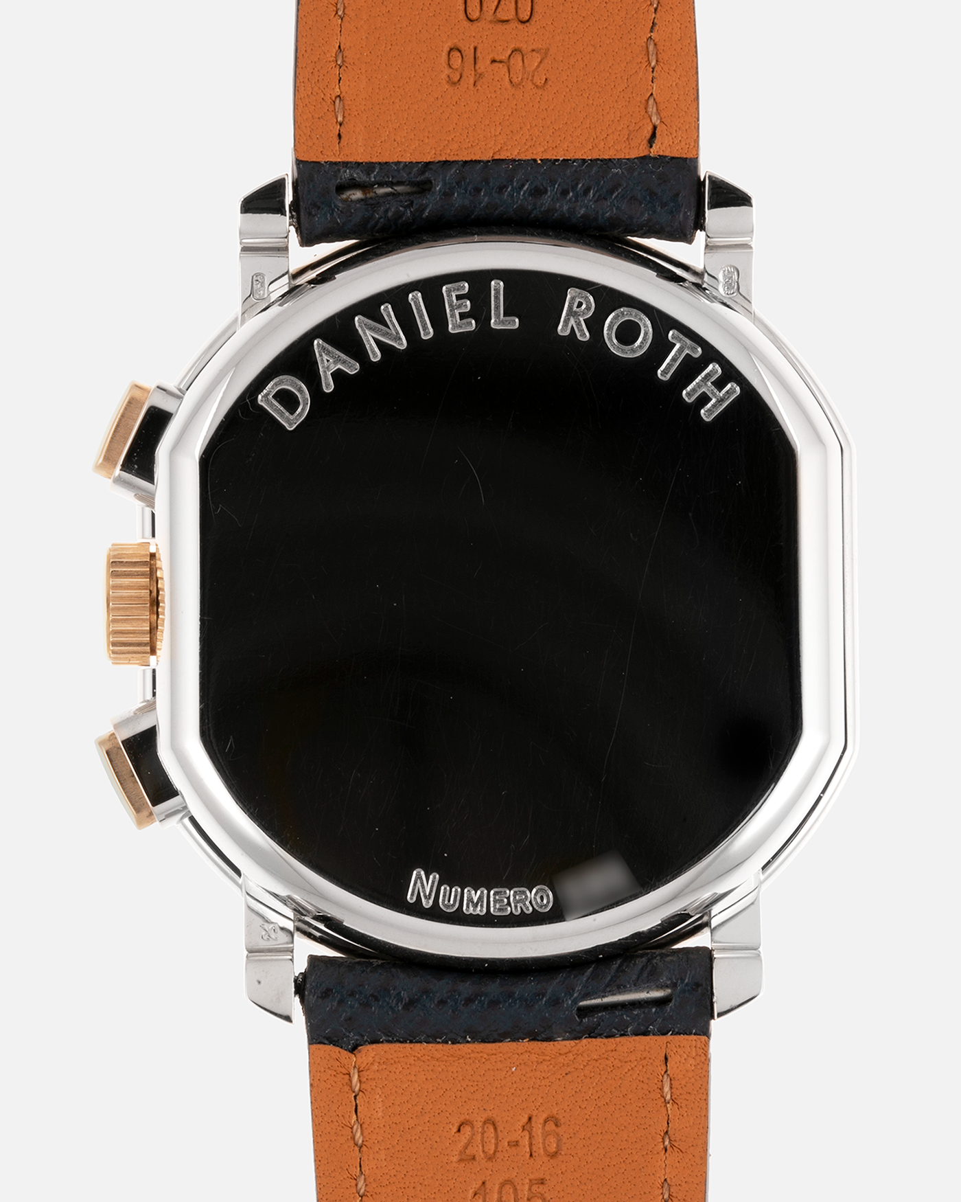Brand: Daniel Roth Year: 1990’s Model: 2147 Material: 18k White Gold and 18k Yellow Gold Movement: Lemania 2320 Case Diameter: 35mm X 38mm Strap: Molequin Navy Blue Textured Calf Strap and 18k White Gold Daniel Roth Tang Buckle