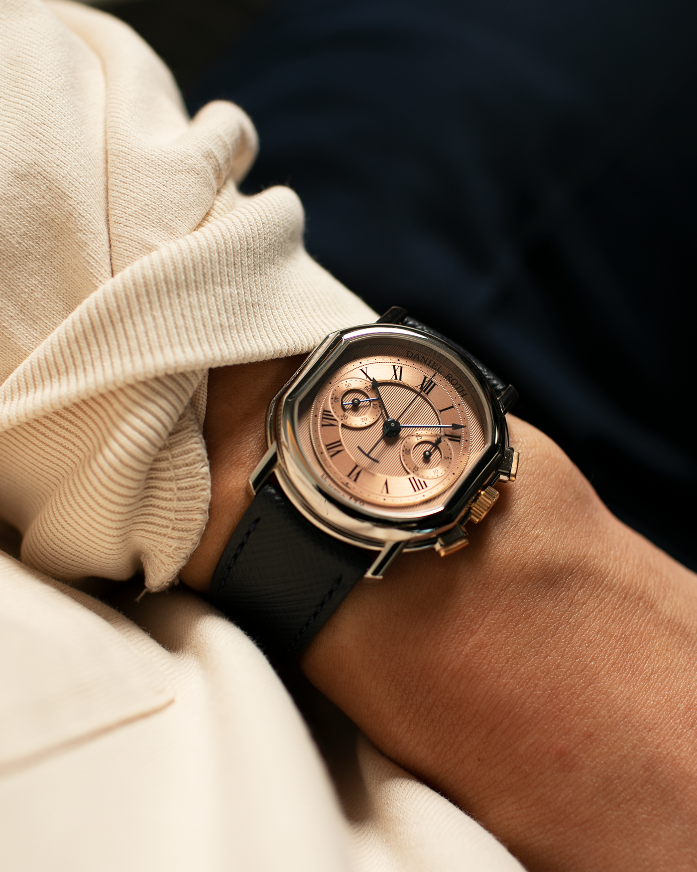 Brand: Daniel Roth Year: 1990’s Model: 2147 Material: 18k White Gold and 18k Yellow Gold Movement: Lemania 2320 Case Diameter: 35mm X 38mm Strap: Molequin Navy Blue Textured Calf Strap and 18k White Gold Daniel Roth Tang Buckle