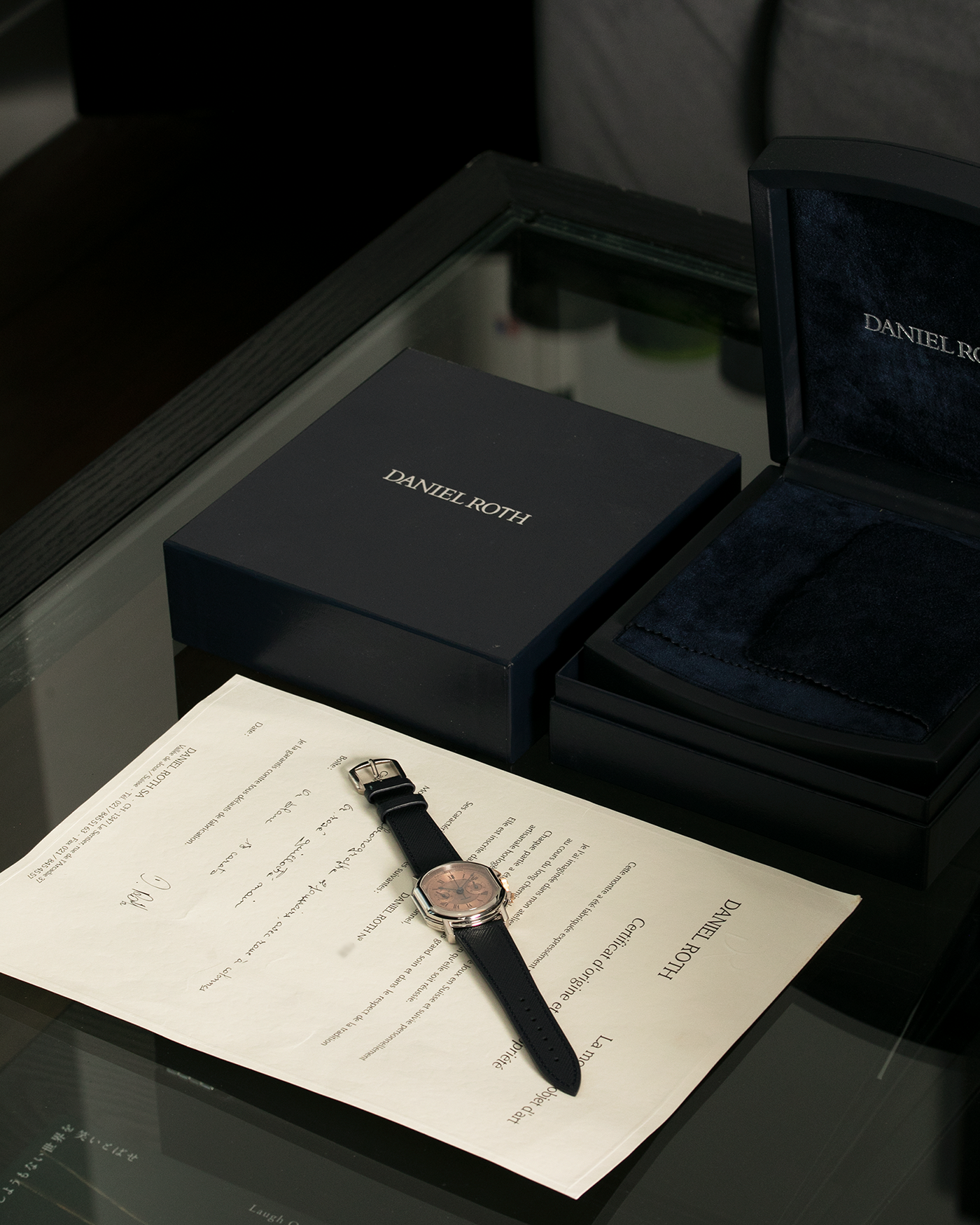 Brand: Daniel Roth Year: 1990’s Model: 2147 Material: 18k White Gold and 18k Yellow Gold Movement: Lemania 2320 Case Diameter: 35mm X 38mm Strap: Molequin Navy Blue Textured Calf Strap and 18k White Gold Daniel Roth Tang Buckle