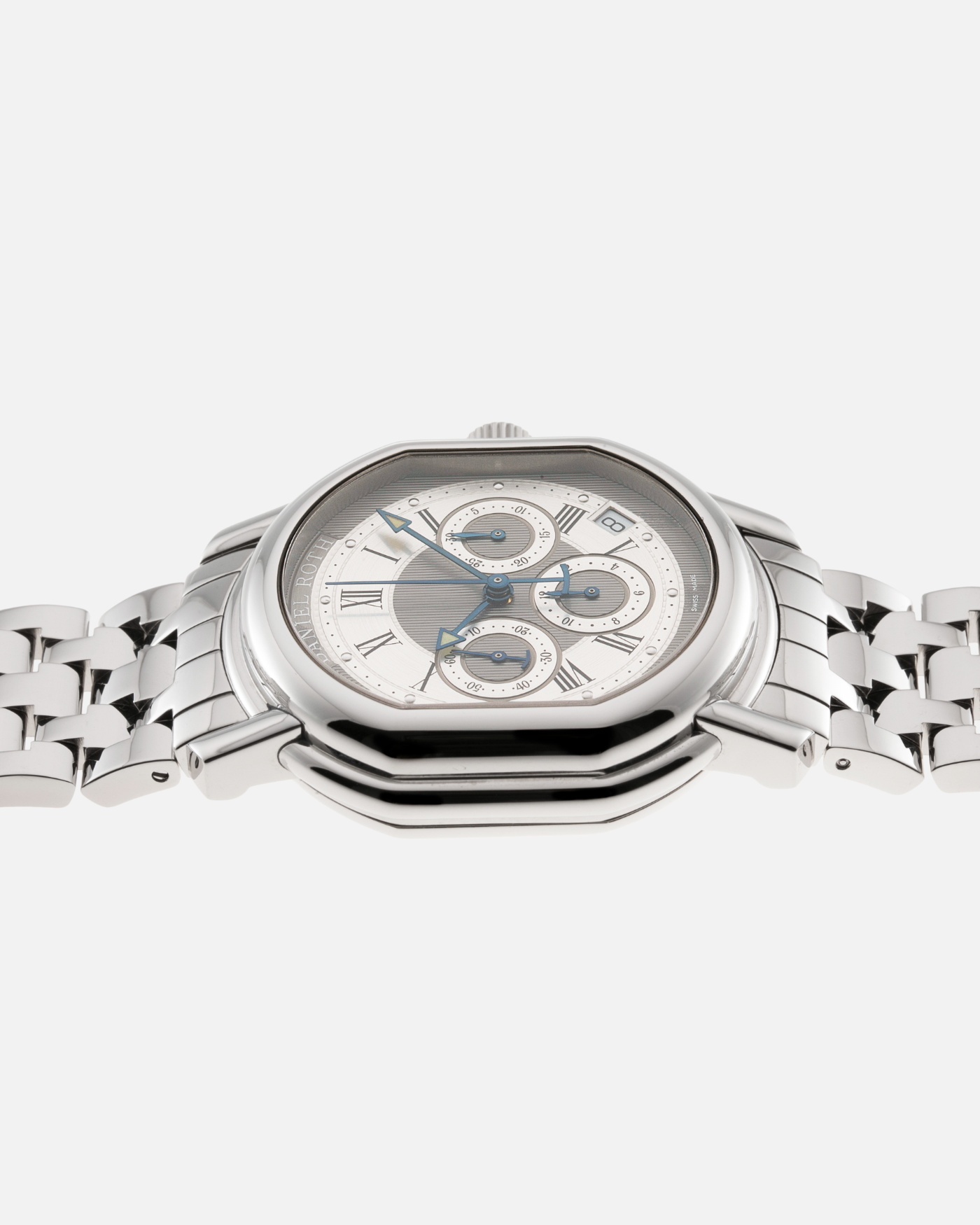 Brand: Daniel Roth Year: 1990’s Model: Masters Chronograph Material: Stainless Steel Movement: Zenith El Primero 400 Case Diameter: 38.5X41.5mm Bracelet/Strap: Molequin Navy Calf with 18k Yellow Gold Daniel Roth Tang Buckle
