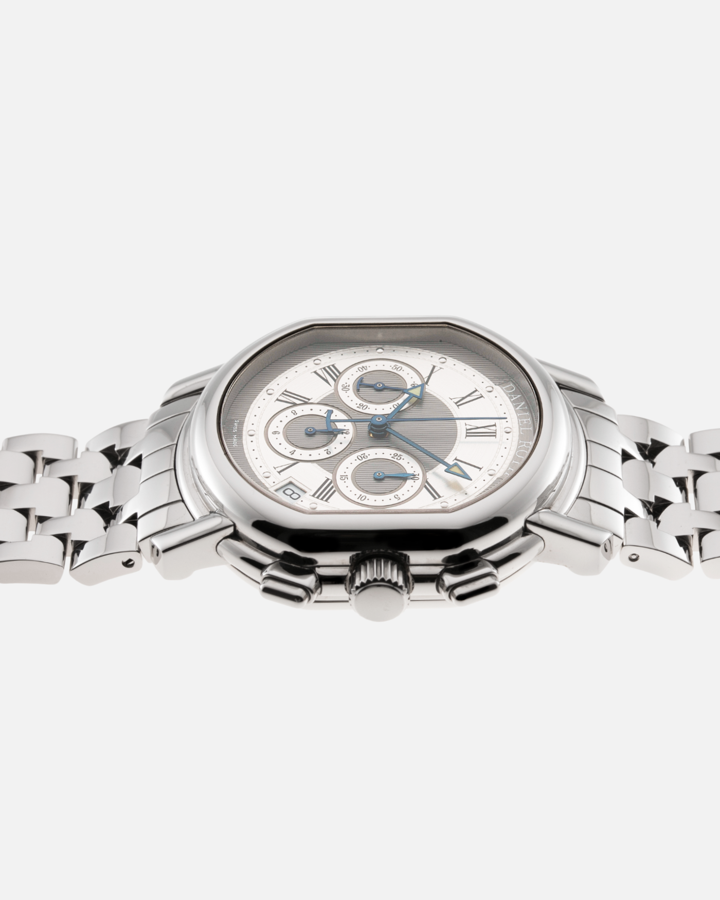 Brand: Daniel Roth Year: 1990’s Model: Masters Chronograph Material: Stainless Steel Movement: Zenith El Primero 400 Case Diameter: 38.5X41.5mm Bracelet/Strap: Molequin Navy Calf with 18k Yellow Gold Daniel Roth Tang Buckle