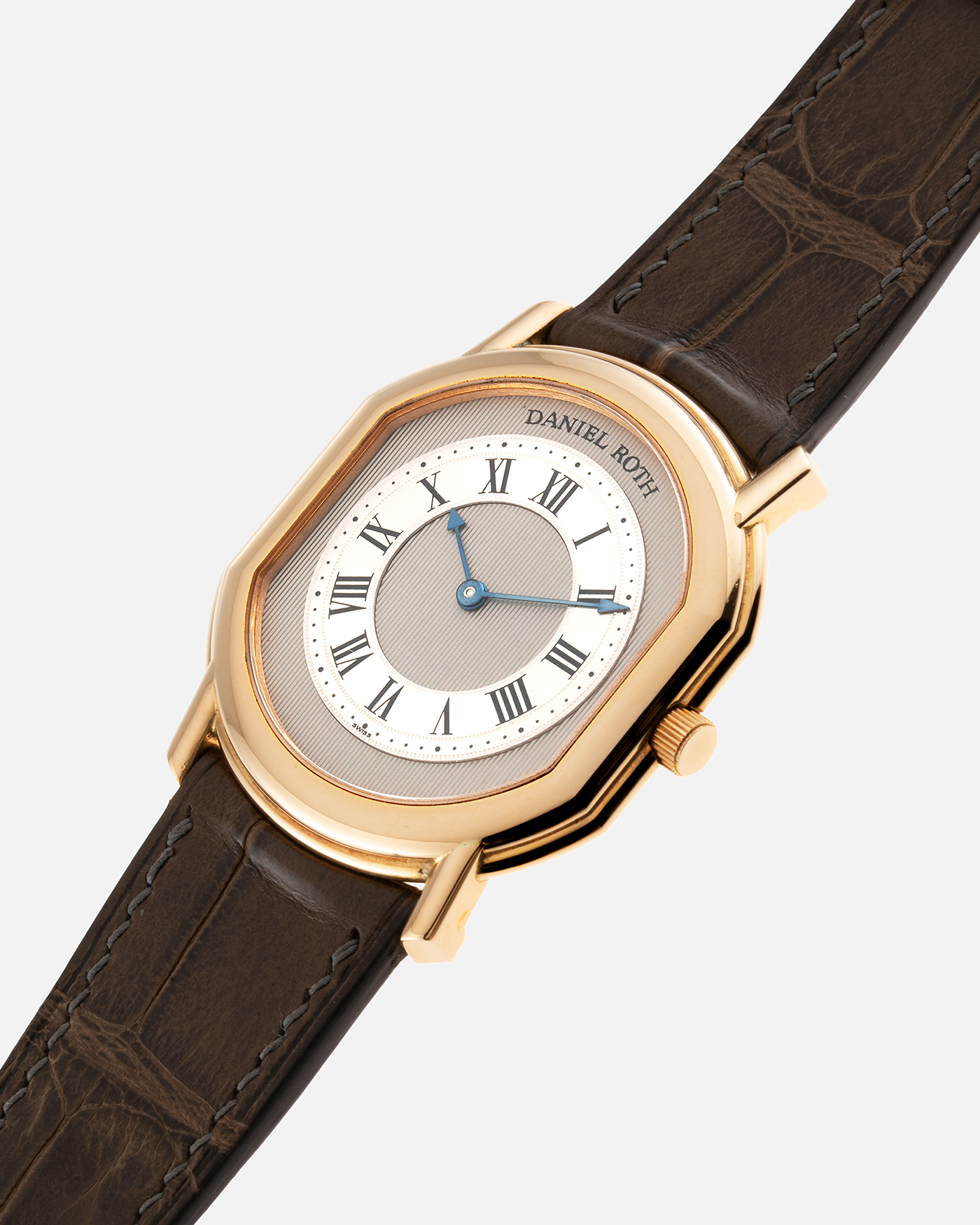 Brand: Daniel Roth Year: 1990’s Model: 2107 Material: 18k Yellow Gold Movement: Frederic Piguet Cal. 71 Case Diameter: 35mm X 38mm Strap: Custom made Chestnut Brown Alligator Strap with 18k Yellow Gold Tang Buckle