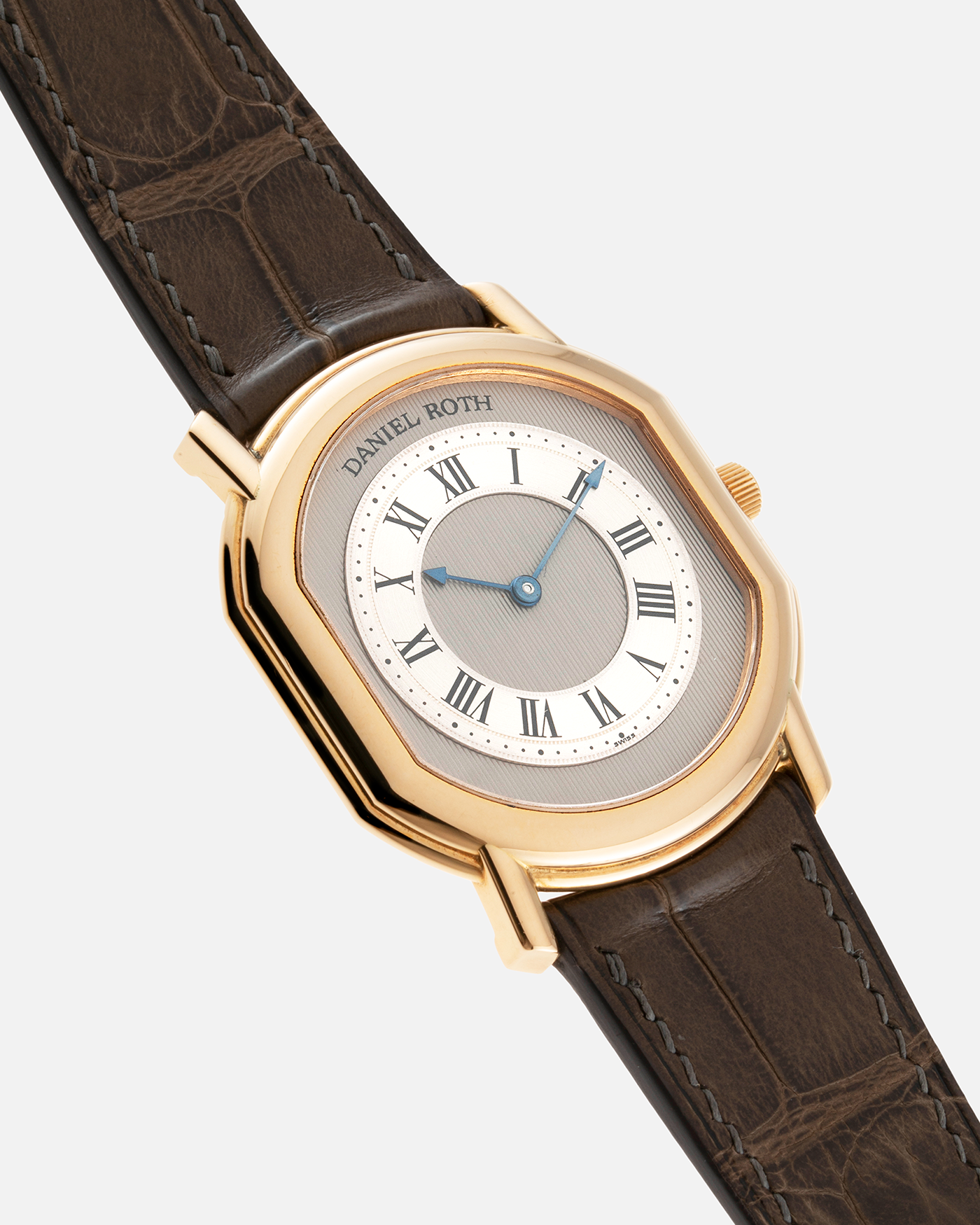 Brand: Daniel Roth Year: 1990’s Model: 2107 Material: 18k Yellow Gold Movement: Frederic Piguet Cal. 71 Case Diameter: 35mm X 38mm Strap: Custom made Chestnut Brown Alligator Strap with 18k Yellow Gold Tang Buckle