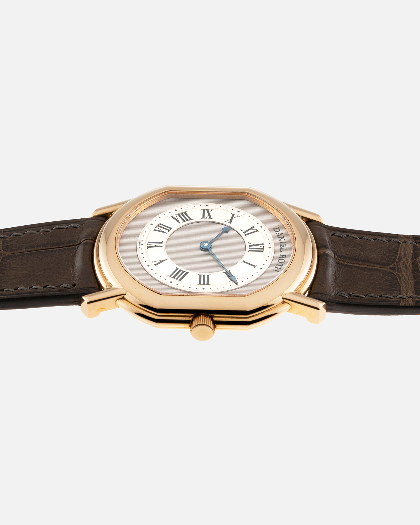 Brand: Daniel Roth Year: 1990’s Model: 2107 Material: 18k Yellow Gold Movement: Frederic Piguet Cal. 71 Case Diameter: 35mm X 38mm Strap: Custom made Chestnut Brown Alligator Strap with 18k Yellow Gold Tang Buckle