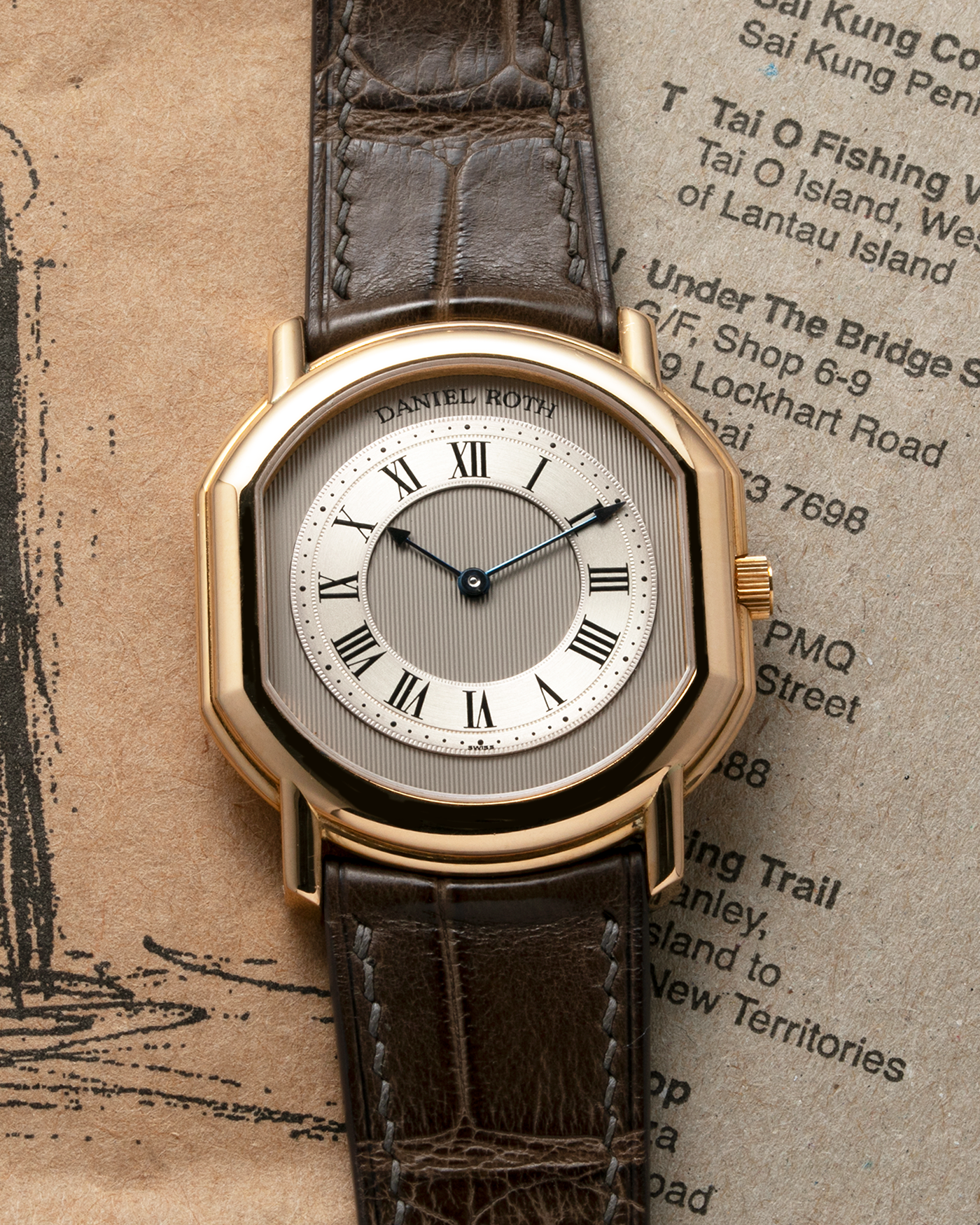 Brand: Daniel Roth Year: 1990’s Model: 2107 Material: 18k Yellow Gold Movement: Frederic Piguet Cal. 71 Case Diameter: 35mm X 38mm Strap: Custom made Chestnut Brown Alligator Strap with 18k Yellow Gold Tang Buckle