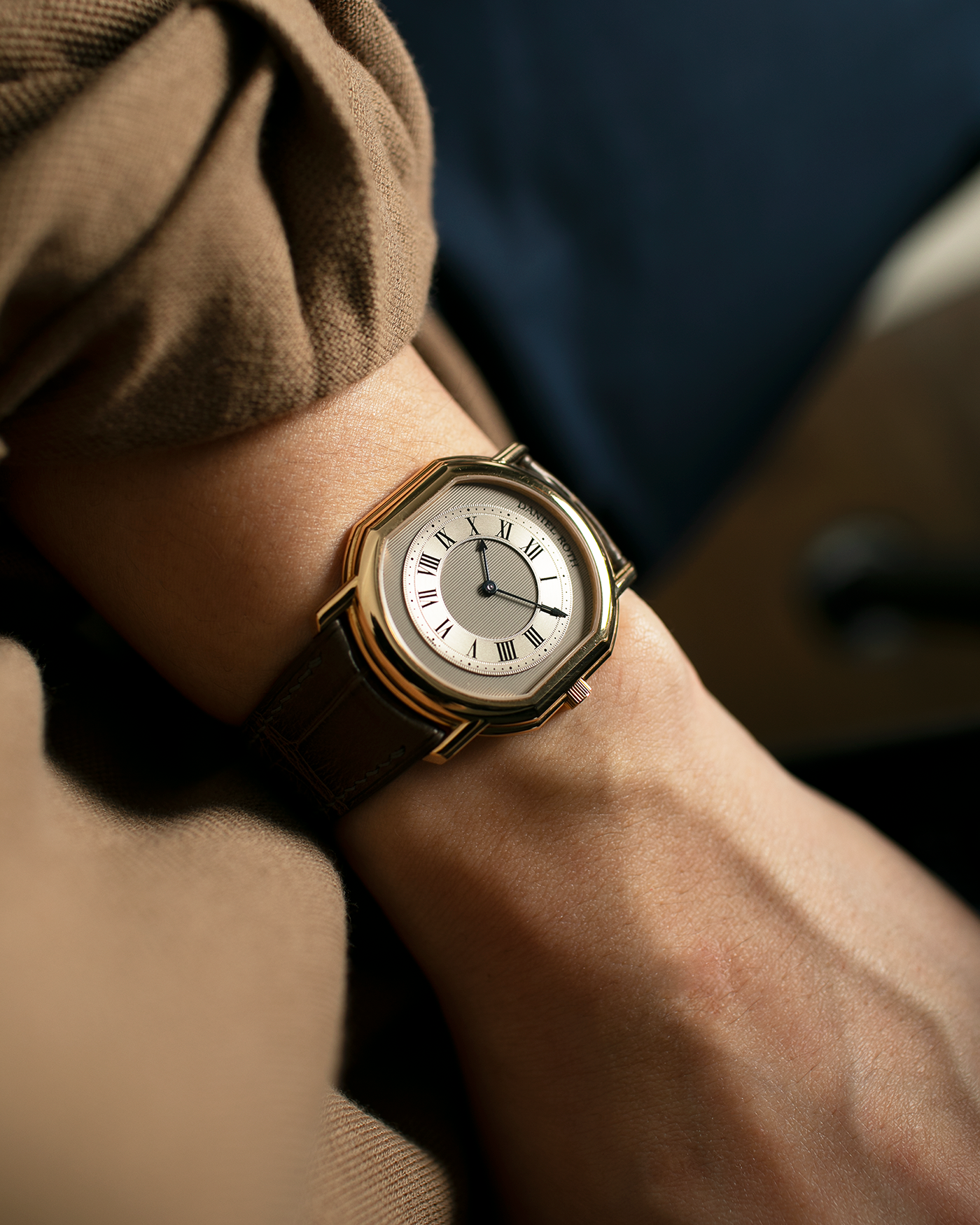 Brand: Daniel Roth Year: 1990’s Model: 2107 Material: 18k Yellow Gold Movement: Frederic Piguet Cal. 71 Case Diameter: 35mm X 38mm Strap: Custom made Chestnut Brown Alligator Strap with 18k Yellow Gold Tang Buckle