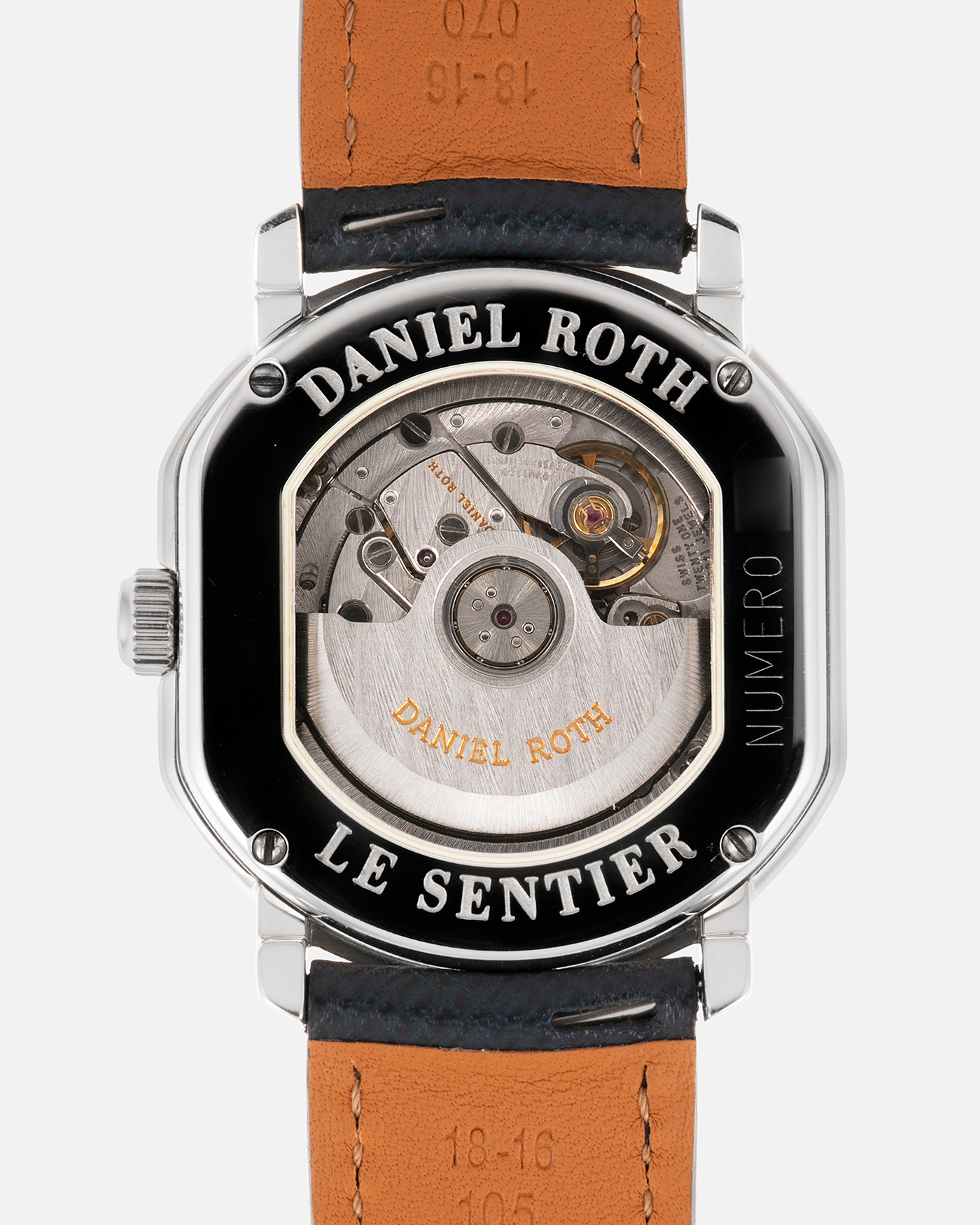 Brand: Daniel Roth Year: 1990’s Model: Le Sentier Material: Stainless Steel Movement: Frederic Piguet Cal. 9.51 Case Diameter: 36mm X 31mm Strap: Molequin Navy Blue Textured Calf Strap and Stainless Steel Daniel Roth Tang Buckle