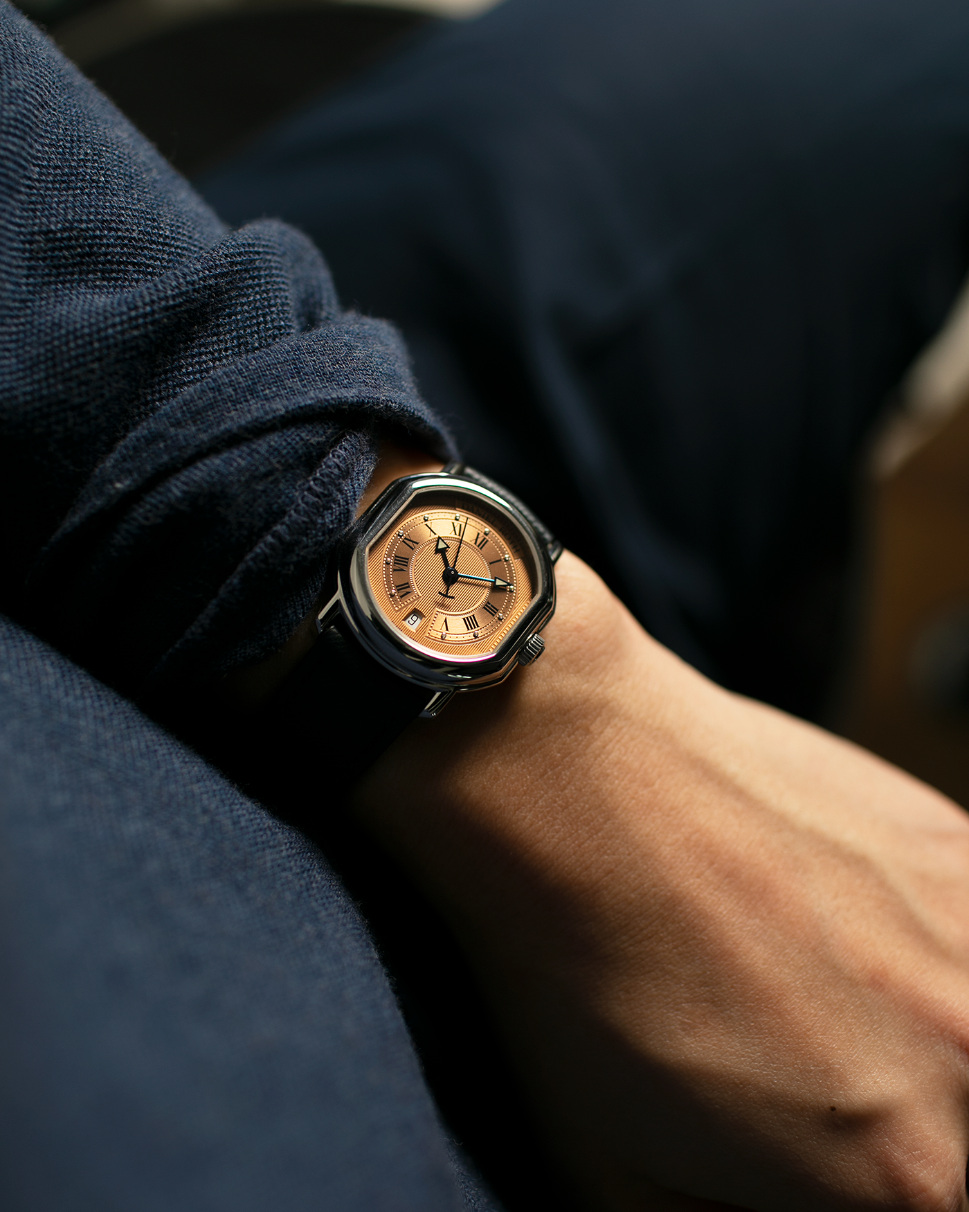 Brand: Daniel Roth Year: 1990’s Model: Le Sentier Material: Stainless Steel Movement: Frederic Piguet Cal. 9.51 Case Diameter: 36mm X 31mm Strap: Molequin Navy Blue Textured Calf Strap and Stainless Steel Daniel Roth Tang Buckle