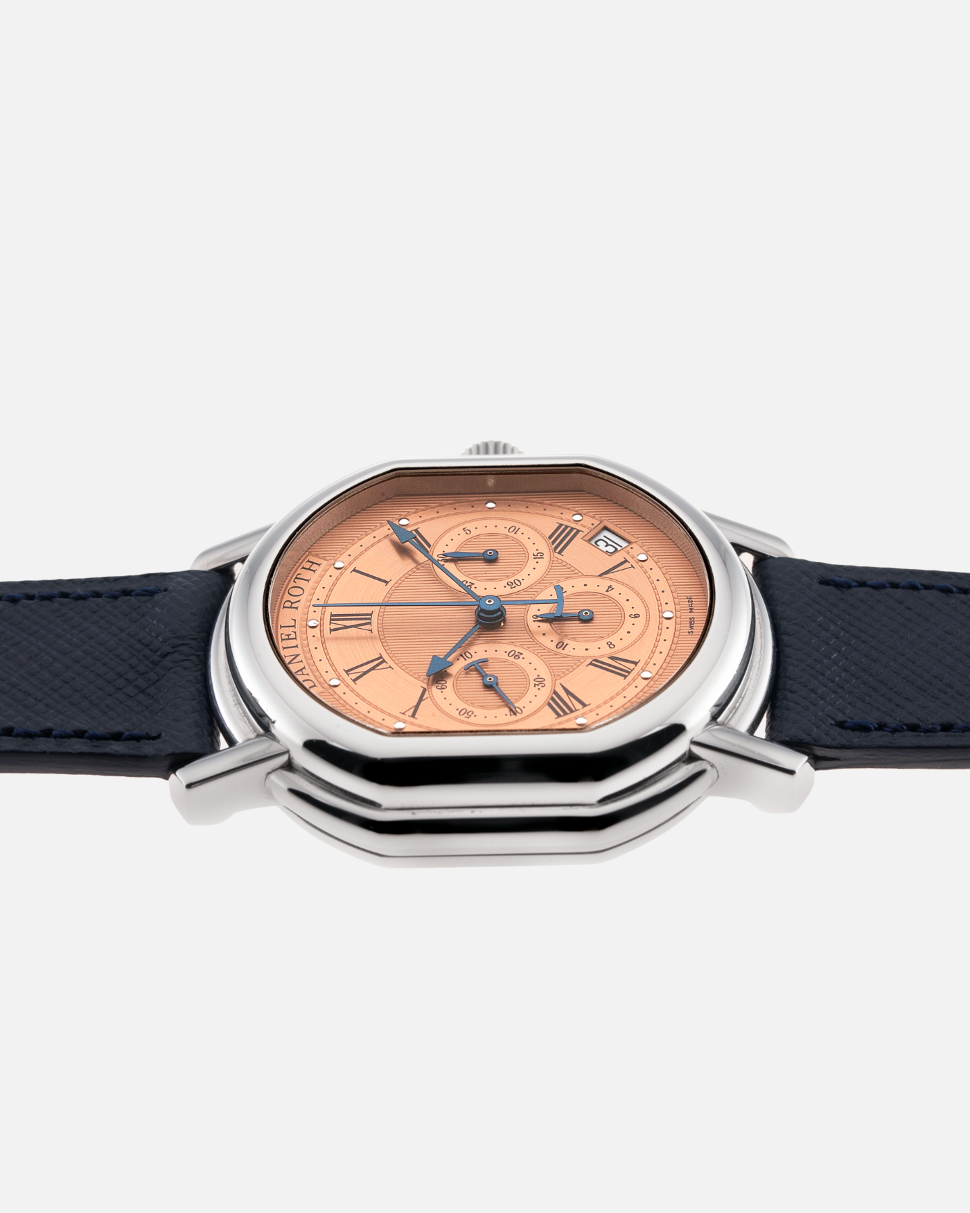 Brand: Daniel Roth Year: 1990’s Model: Masters Chronograph Material: Stainless Steel Movement: Zenith El Primero 400 Case Diameter: 38.5X41.5mm Bracelet/Strap: Molequin Navy Calf with Daniel Roth Stainless Steel Deployant