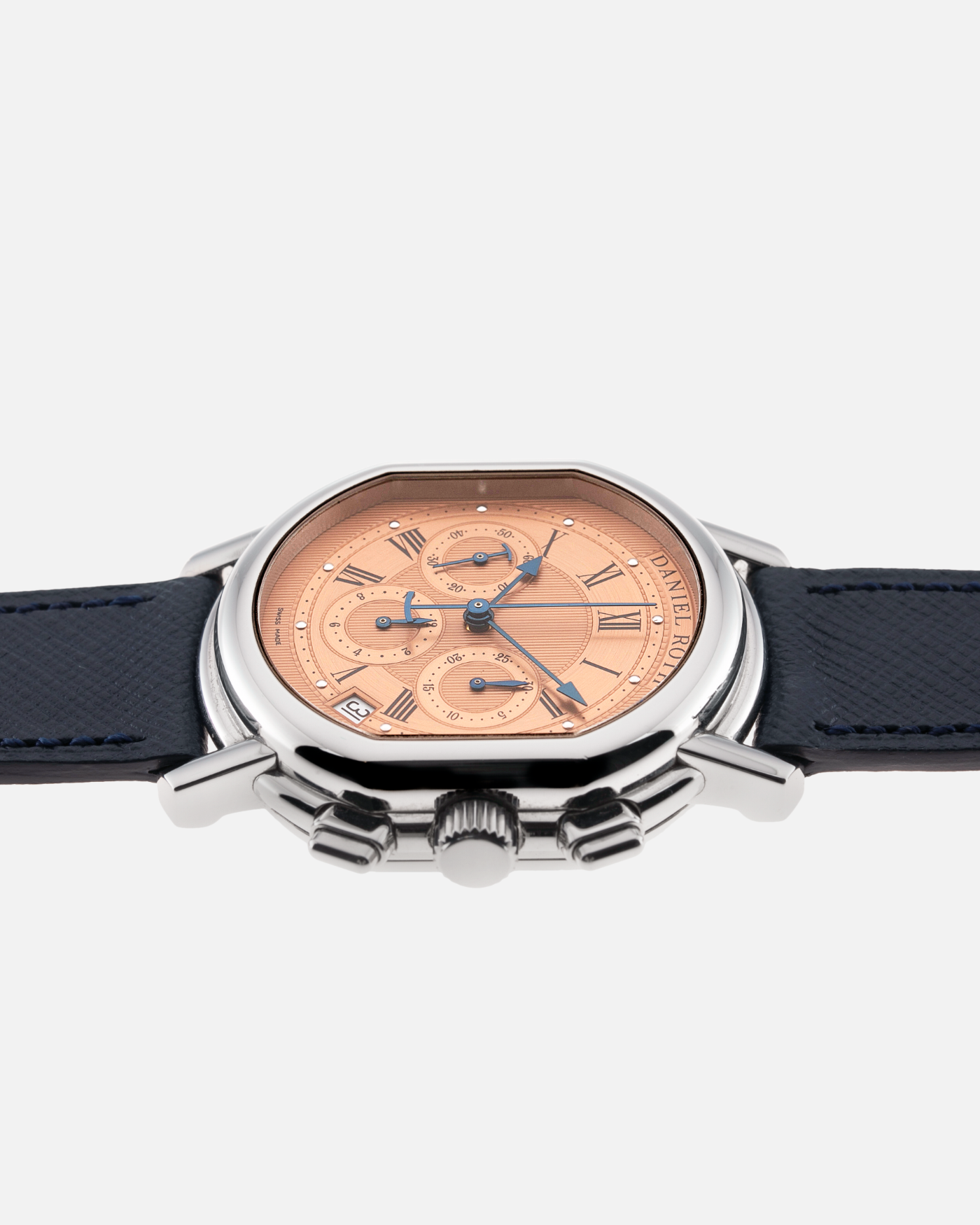 Brand: Daniel Roth Year: 1990’s Model: Masters Chronograph Material: Stainless Steel Movement: Zenith El Primero 400 Case Diameter: 38.5X41.5mm Bracelet/Strap: Molequin Navy Calf with Daniel Roth Stainless Steel Deployant