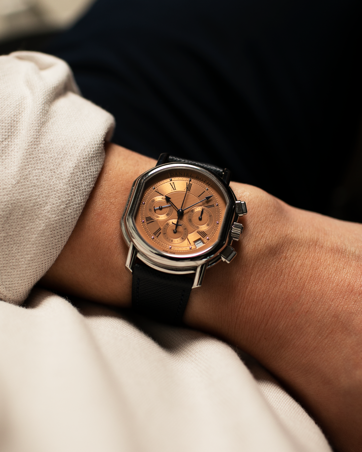 Brand: Daniel Roth Year: 1990’s Model: Masters Chronograph Material: Stainless Steel Movement: Zenith El Primero 400 Case Diameter: 38.5X41.5mm Bracelet/Strap: Molequin Navy Calf with Daniel Roth Stainless Steel Deployant