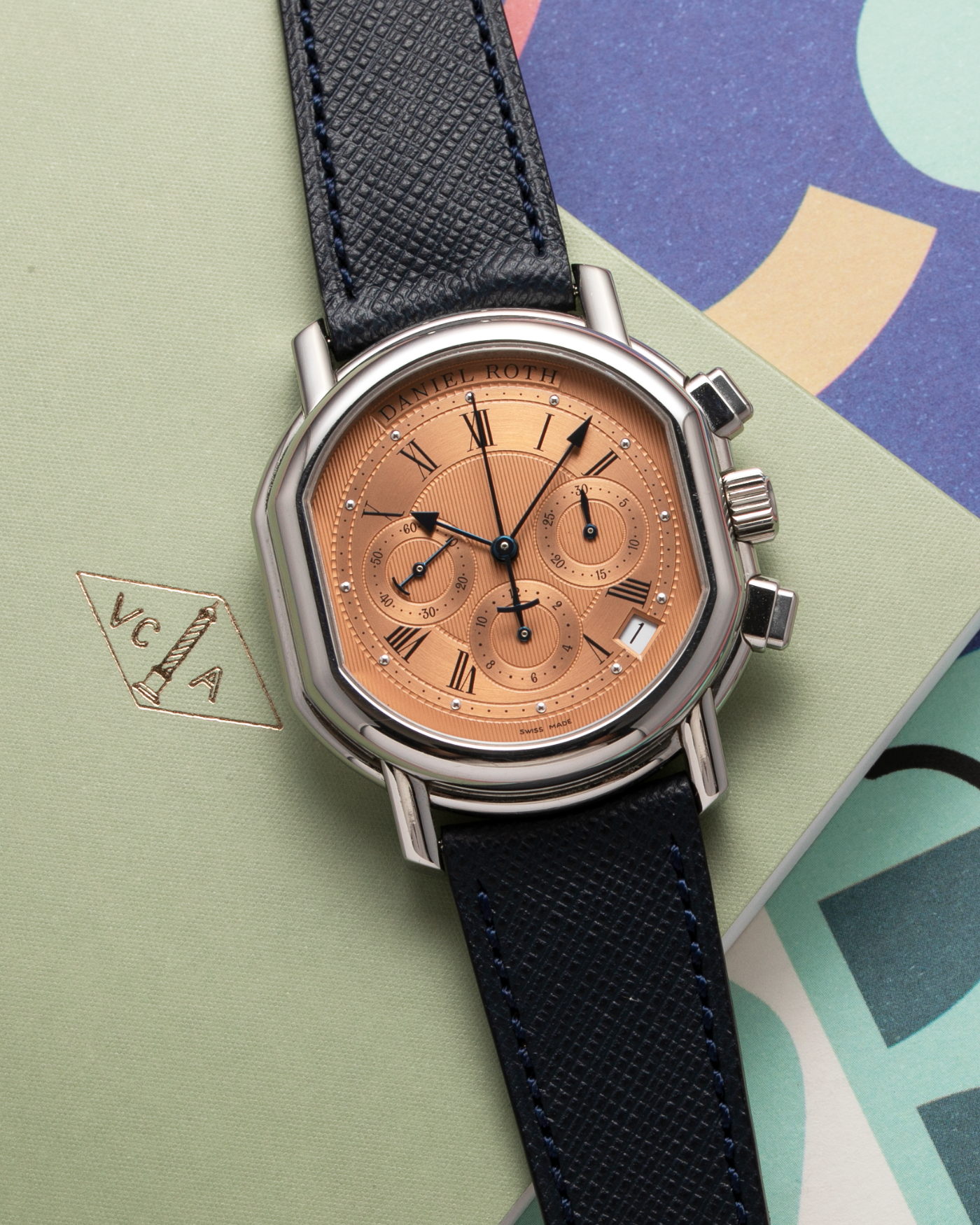 Brand: Daniel Roth Year: 1990’s Model: Masters Chronograph Material: Stainless Steel Movement: Zenith El Primero 400 Case Diameter: 38.5X41.5mm Bracelet/Strap: Molequin Navy Calf with Daniel Roth Stainless Steel Deployant