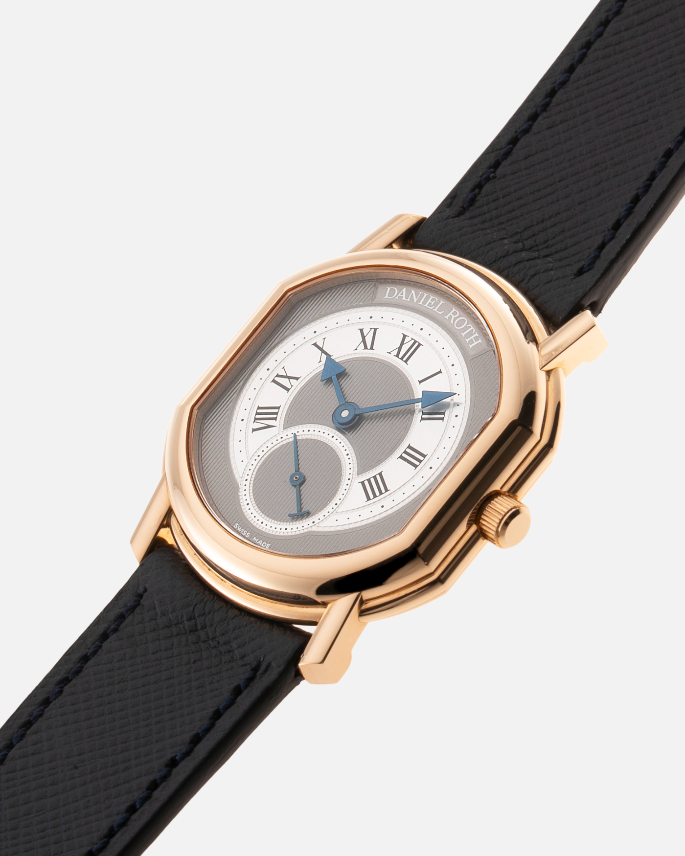 Brand: Daniel Roth Year: 1990’s Model: Seconds at Six Material: 18k Yellow Gold  Movement: Girard Perregaux 3100 Case Diameter: 35mmX32mm Bracelet/Strap: Molequin Navy Calf with 18k Yellow Gold Daniel Roth Tang Buckle
