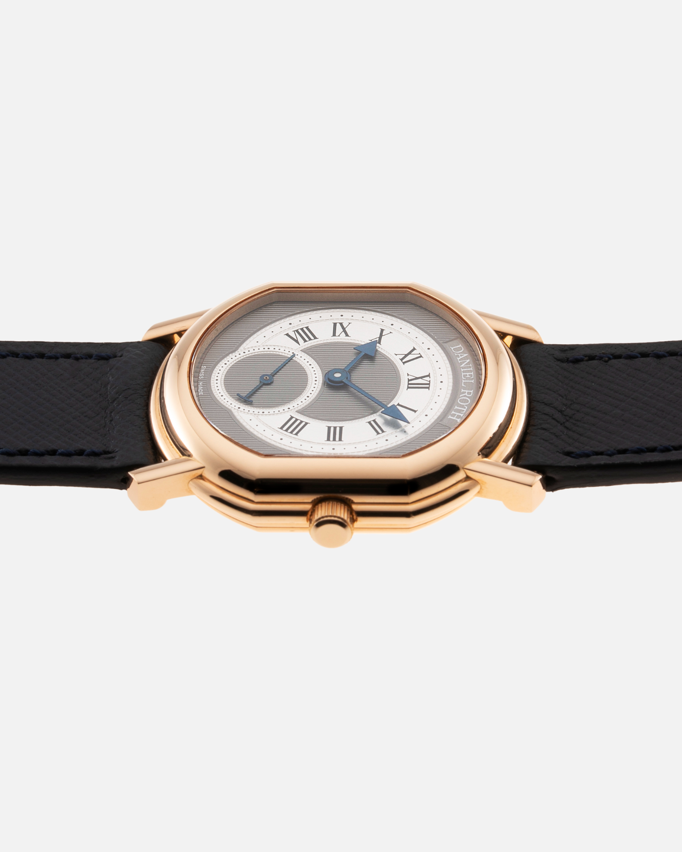Brand: Daniel Roth Year: 1990’s Model: Seconds at Six Material: 18k Yellow Gold  Movement: Girard Perregaux 3100 Case Diameter: 35mmX32mm Bracelet/Strap: Molequin Navy Calf with 18k Yellow Gold Daniel Roth Tang Buckle