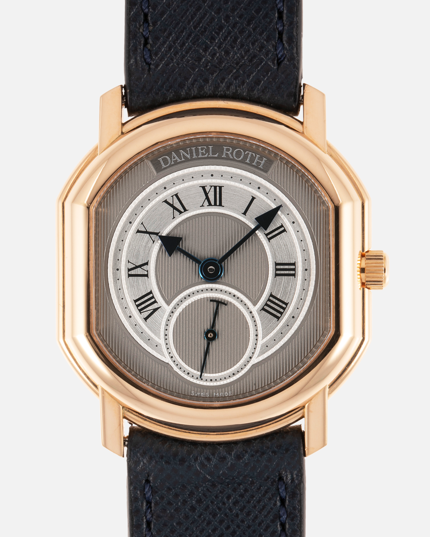 Brand: Daniel Roth Year: 1990’s Model: Seconds at Six Material: 18k Yellow Gold  Movement: Girard Perregaux 3100 Case Diameter: 35mmX32mm Bracelet/Strap: Molequin Navy Calf with 18k Yellow Gold Daniel Roth Tang Buckle