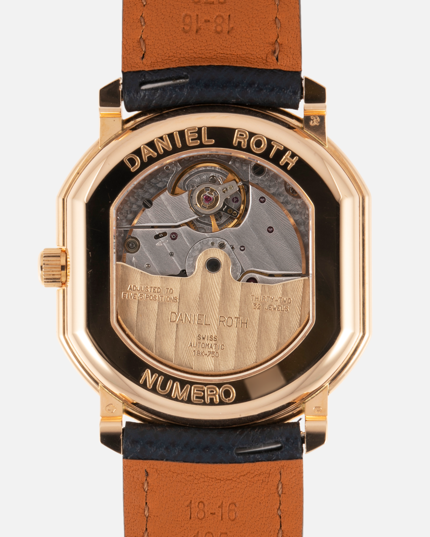 Brand: Daniel Roth Year: 1990’s Model: Seconds at Six Material: 18k Yellow Gold  Movement: Girard Perregaux 3100 Case Diameter: 35mmX32mm Bracelet/Strap: Molequin Navy Calf with 18k Yellow Gold Daniel Roth Tang Buckle