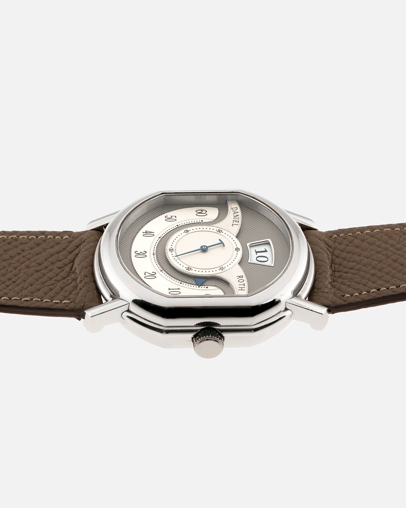 Brand: Daniel Roth Year: 1999 Model: 10th Anniversary Papillon Material: Platinum Movement: Daniel Roth Calibre DR113 Case Diameter: 35mm X 41mm X 11mm Strap: Nostime Taupe Textured Calf Strap with Platinum Tang Buckle