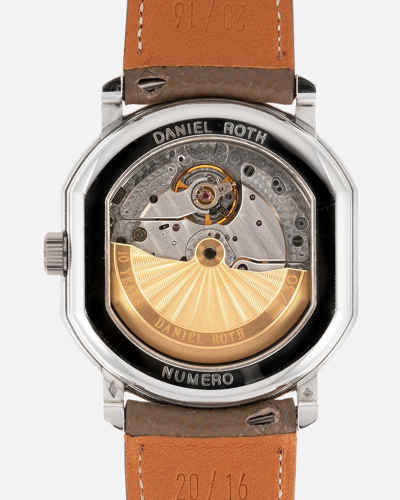 Brand: Daniel Roth Year: 1999 Model: 10th Anniversary Papillon Material: Platinum Movement: Daniel Roth Calibre DR113 Case Diameter: 35mm X 41mm X 11mm Strap: Nostime Taupe Textured Calf Strap with Platinum Tang Buckle