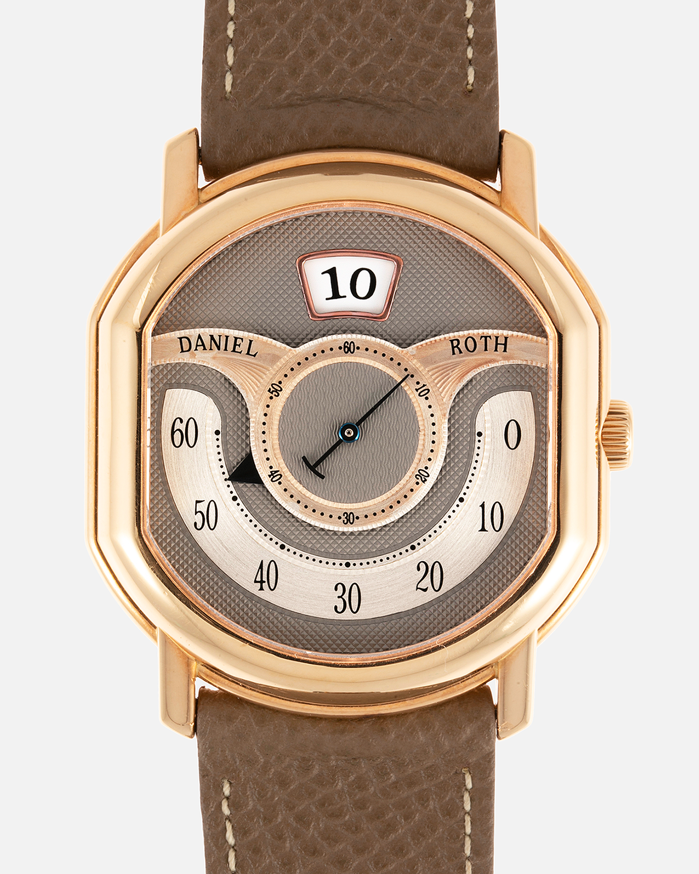 Brand: Daniel Roth Year: 1999 Model: 10th Anniversary Papillon Material: 18k Rose Gold Movement: Daniel Roth Calibre DR113 Case Diameter: 35mm X 41mm X 11mm Bracelet/Strap: Nostime Taupe Textured Calf Strap with 18k Rose Gold Tang Buckle