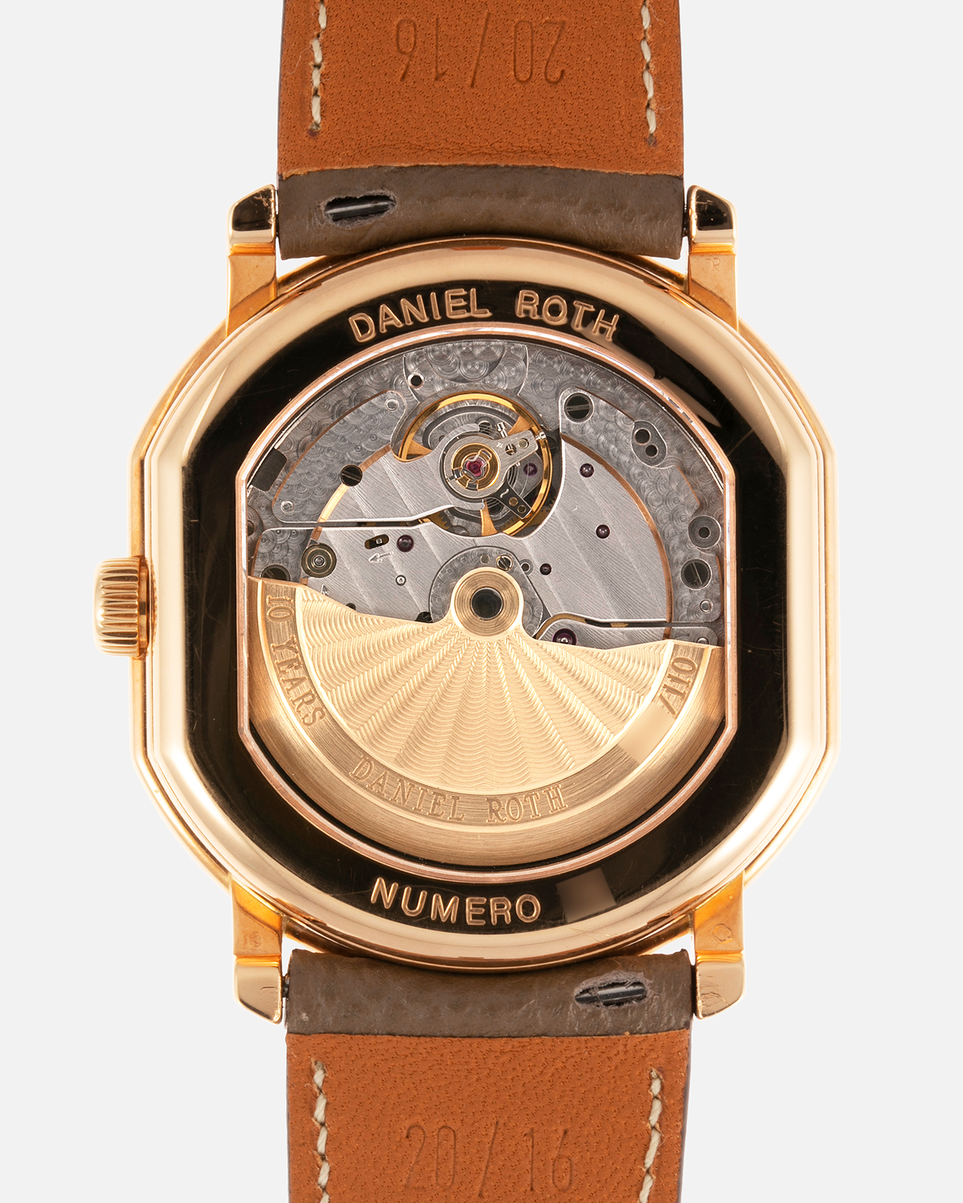 Brand: Daniel Roth Year: 1999 Model: 10th Anniversary Papillon Material: 18k Rose Gold Movement: Daniel Roth Calibre DR113 Case Diameter: 35mm X 41mm X 11mm Bracelet/Strap: Nostime Taupe Textured Calf Strap with 18k Rose Gold Tang Buckle
