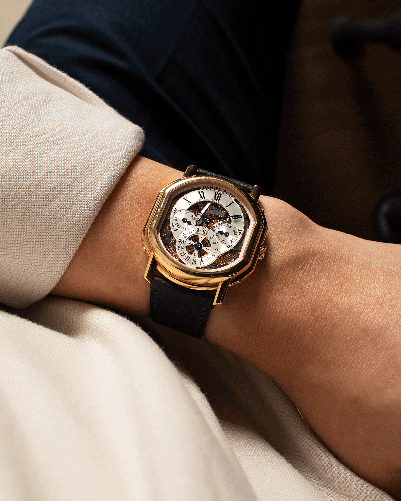 Brand: Daniel Roth Year: 1990’s Model: 119X40 Perpetual Calendar Skeleton Movement: Heavily Modified Lemania 8810 Material: 18k Yellow Gold Case Diameter: 38mmX41mm Bracelet/Strap: Molequin Anthracite Grained Calf with 18k Yellow Gold Tang Buckle