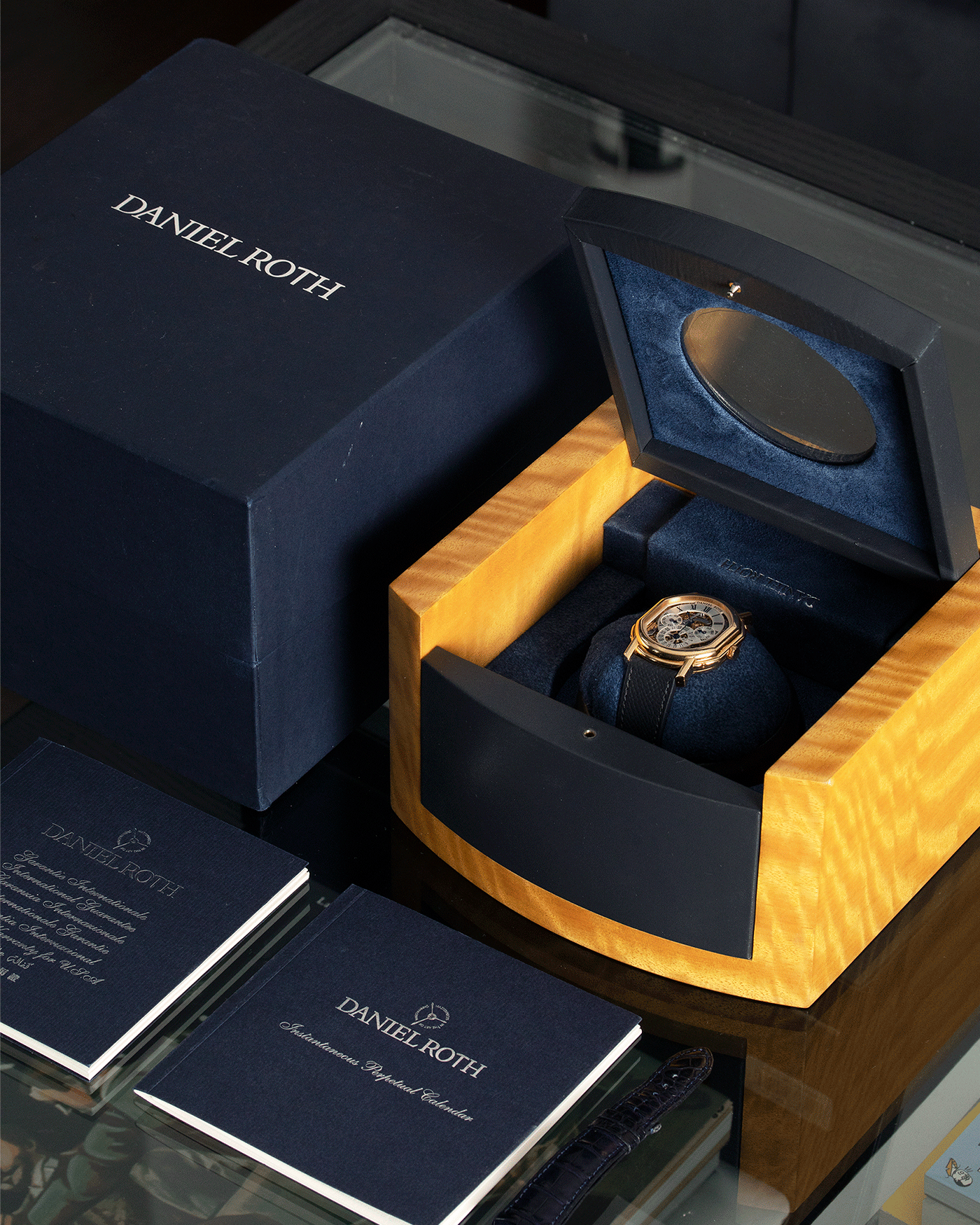 Brand: Daniel Roth Year: 1990’s Model: 119X40 Perpetual Calendar Skeleton Movement: Heavily Modified Lemania 8810 Material: 18k Yellow Gold Case Diameter: 38mmX41mm Bracelet/Strap: Molequin Anthracite Grained Calf with 18k Yellow Gold Tang Buckle