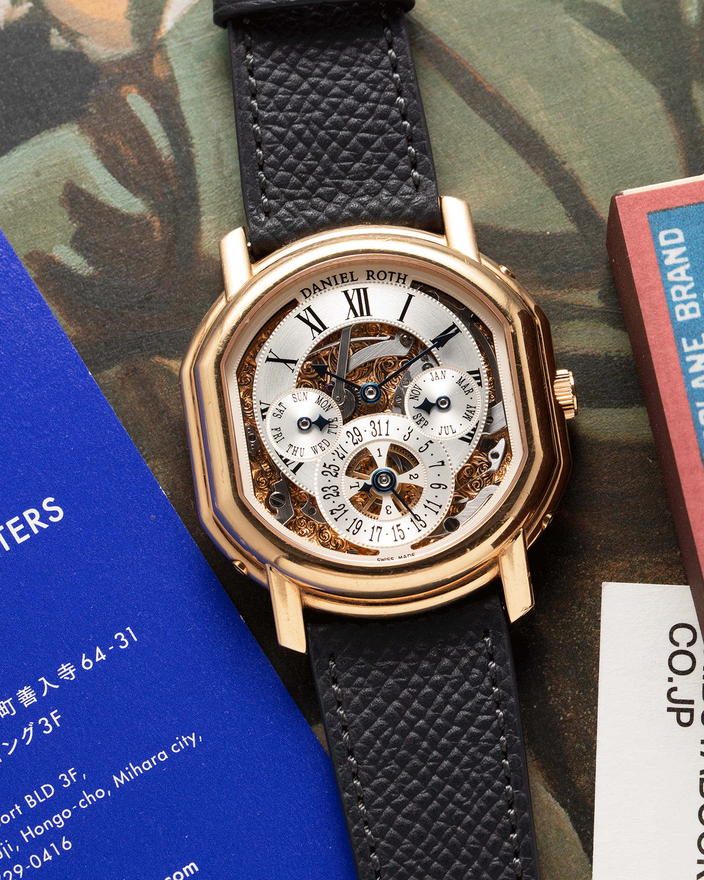 Brand: Daniel Roth Year: 1990’s Model: 119X40 Perpetual Calendar Skeleton Movement: Heavily Modified Lemania 8810 Material: 18k Yellow Gold Case Diameter: 38mmX41mm Bracelet/Strap: Molequin Anthracite Grained Calf with 18k Yellow Gold Tang Buckle